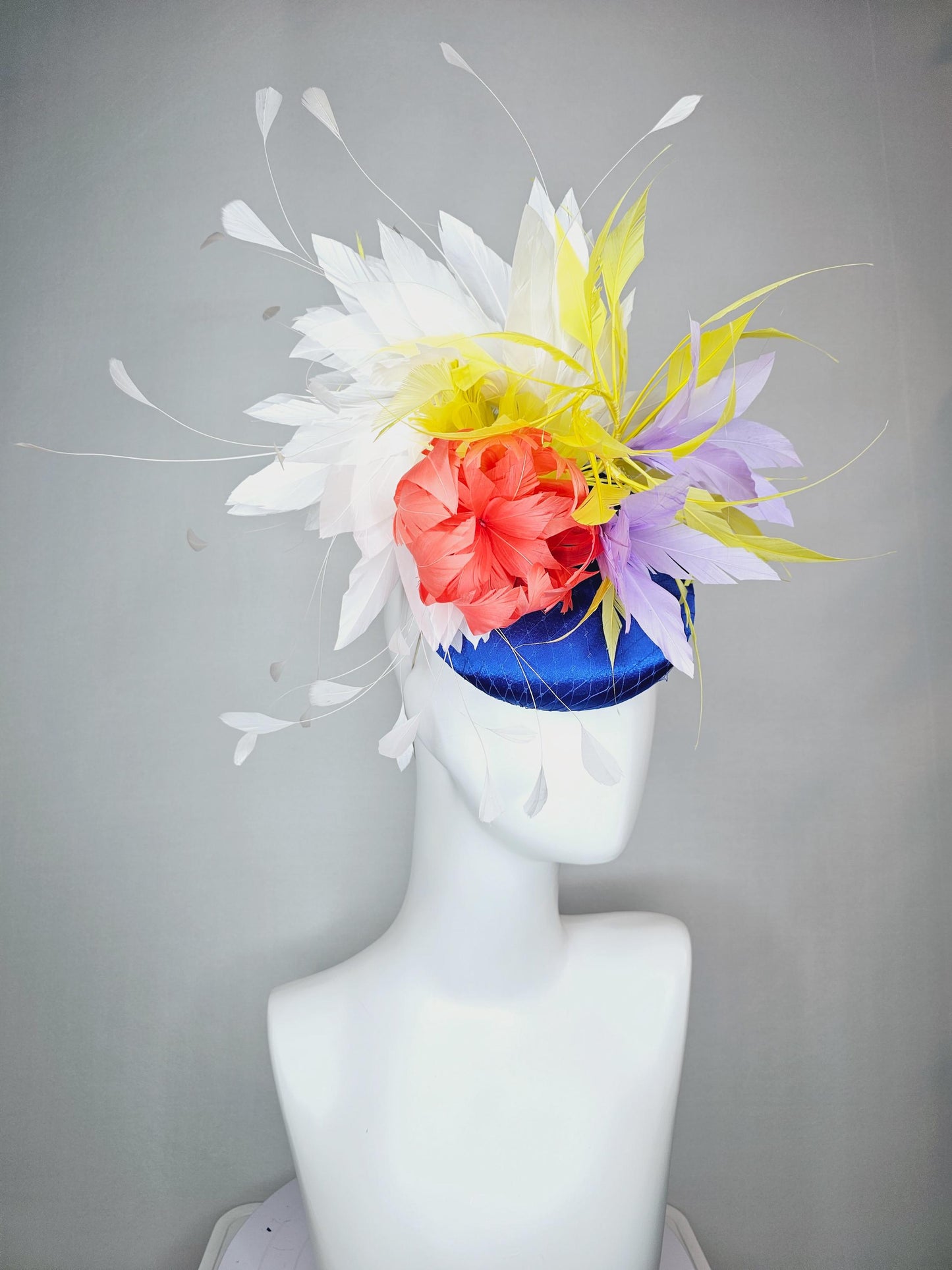 kentucky derby hat fascinator royal blue satin with netting orange feather flower colorful white yellow lavender purple branching feathers