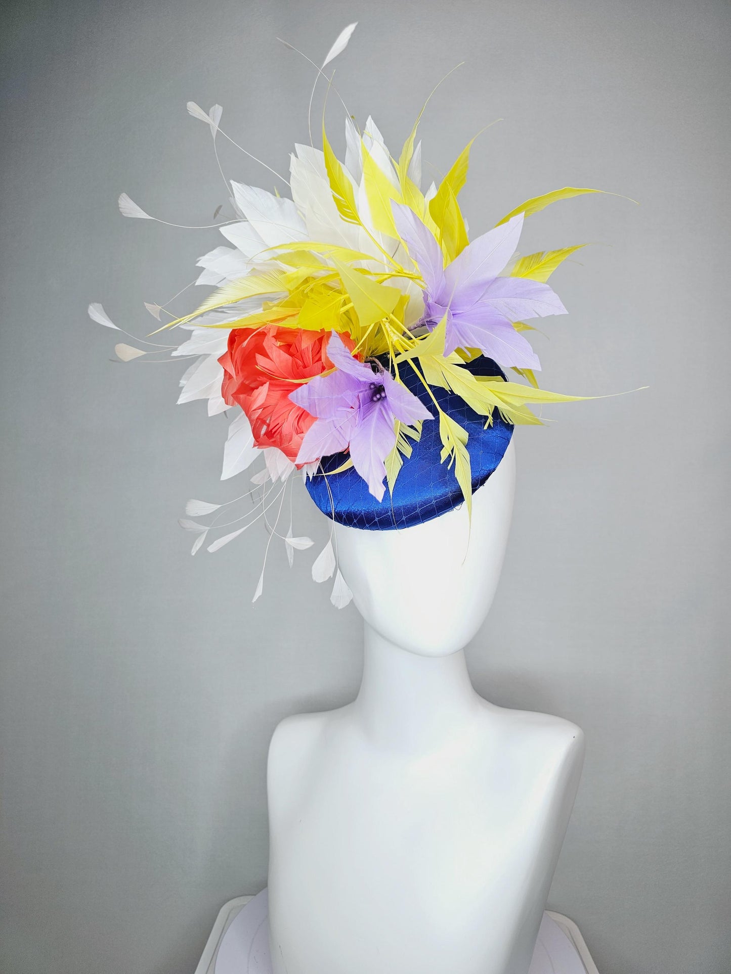 kentucky derby hat fascinator royal blue satin with netting orange feather flower colorful white yellow lavender purple branching feathers