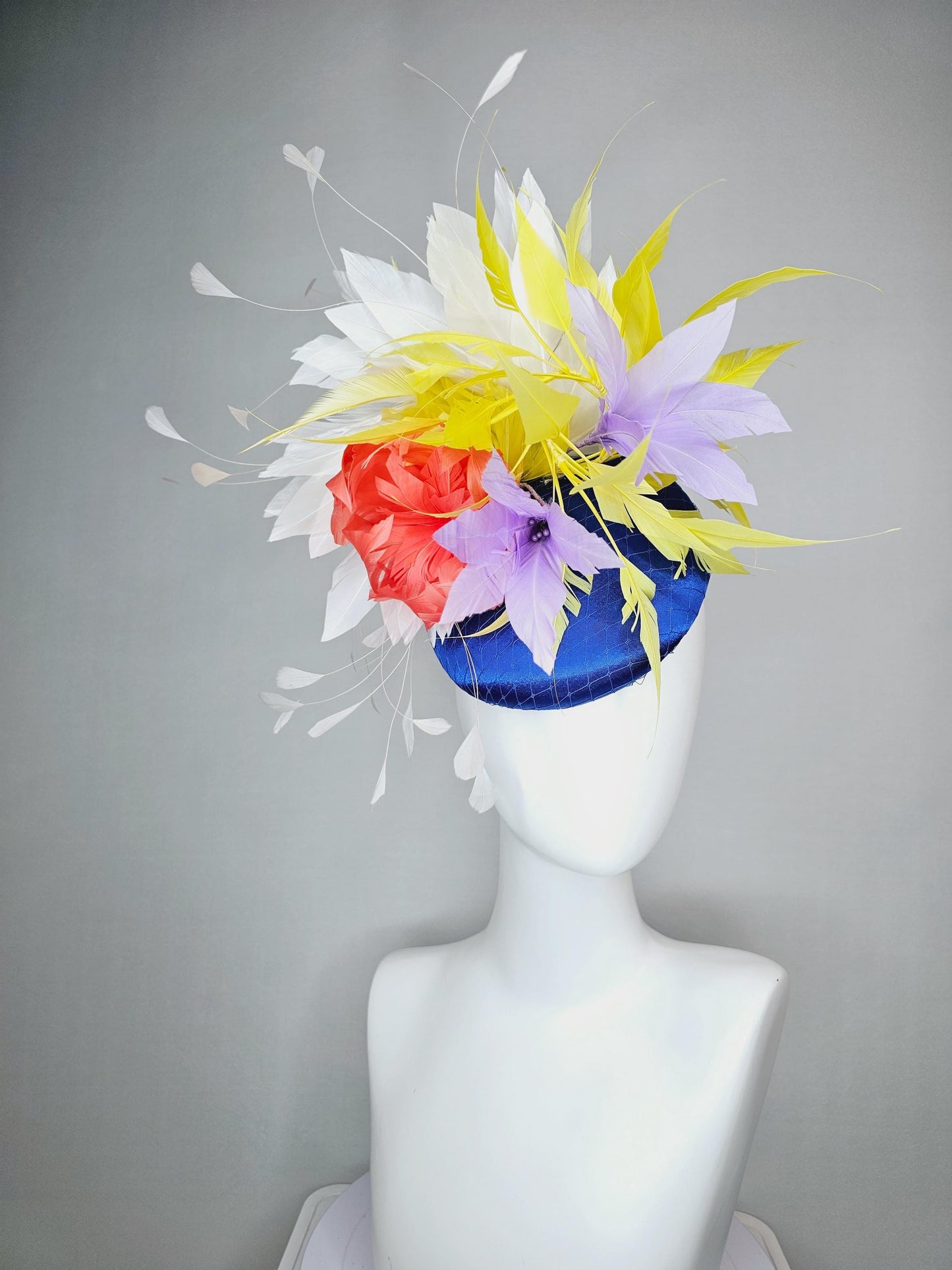 kentucky derby hat fascinator royal blue satin with netting orange feather flower colorful white yellow lavender purple branching feathers