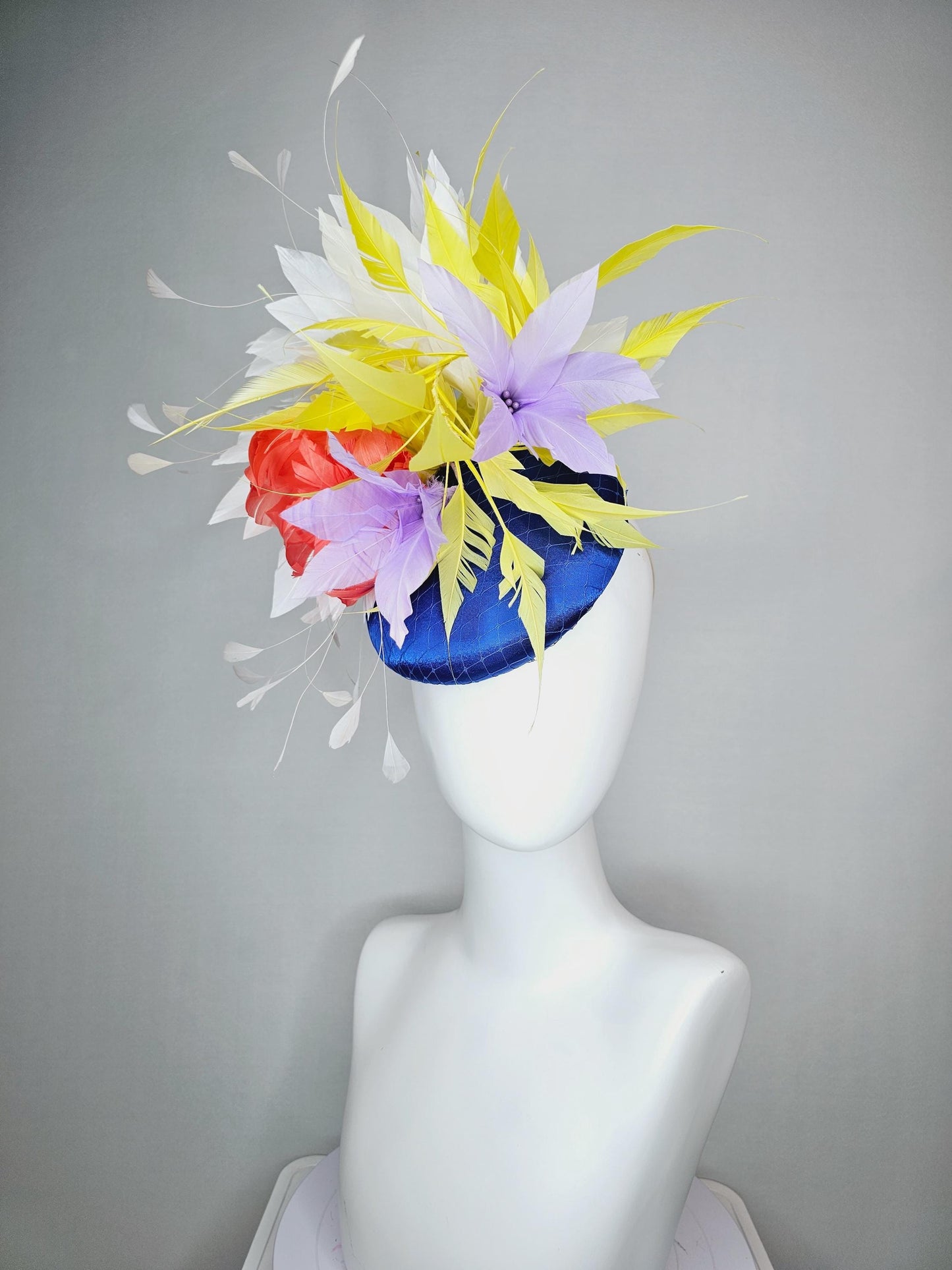 kentucky derby hat fascinator royal blue satin with netting orange feather flower colorful white yellow lavender purple branching feathers