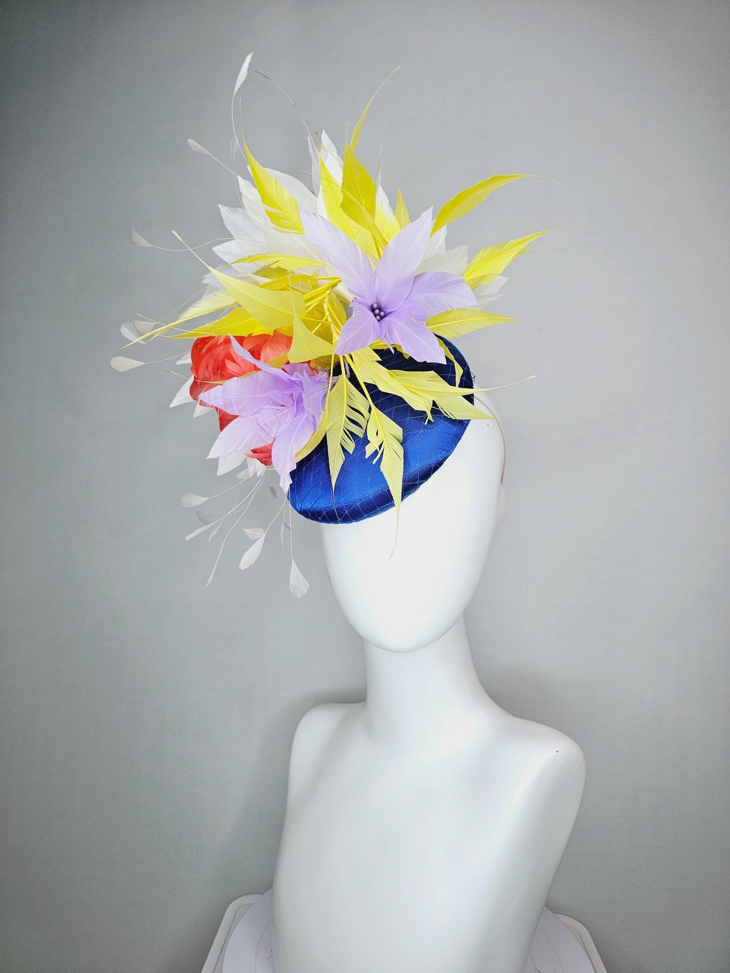 kentucky derby hat fascinator royal blue satin with netting orange feather flower colorful white yellow lavender purple branching feathers