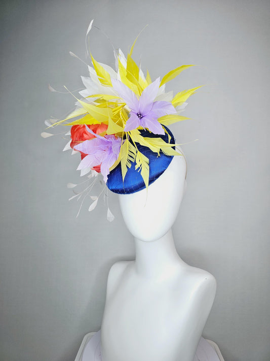 kentucky derby hat fascinator royal blue satin with netting orange feather flower colorful white yellow lavender purple branching feathers