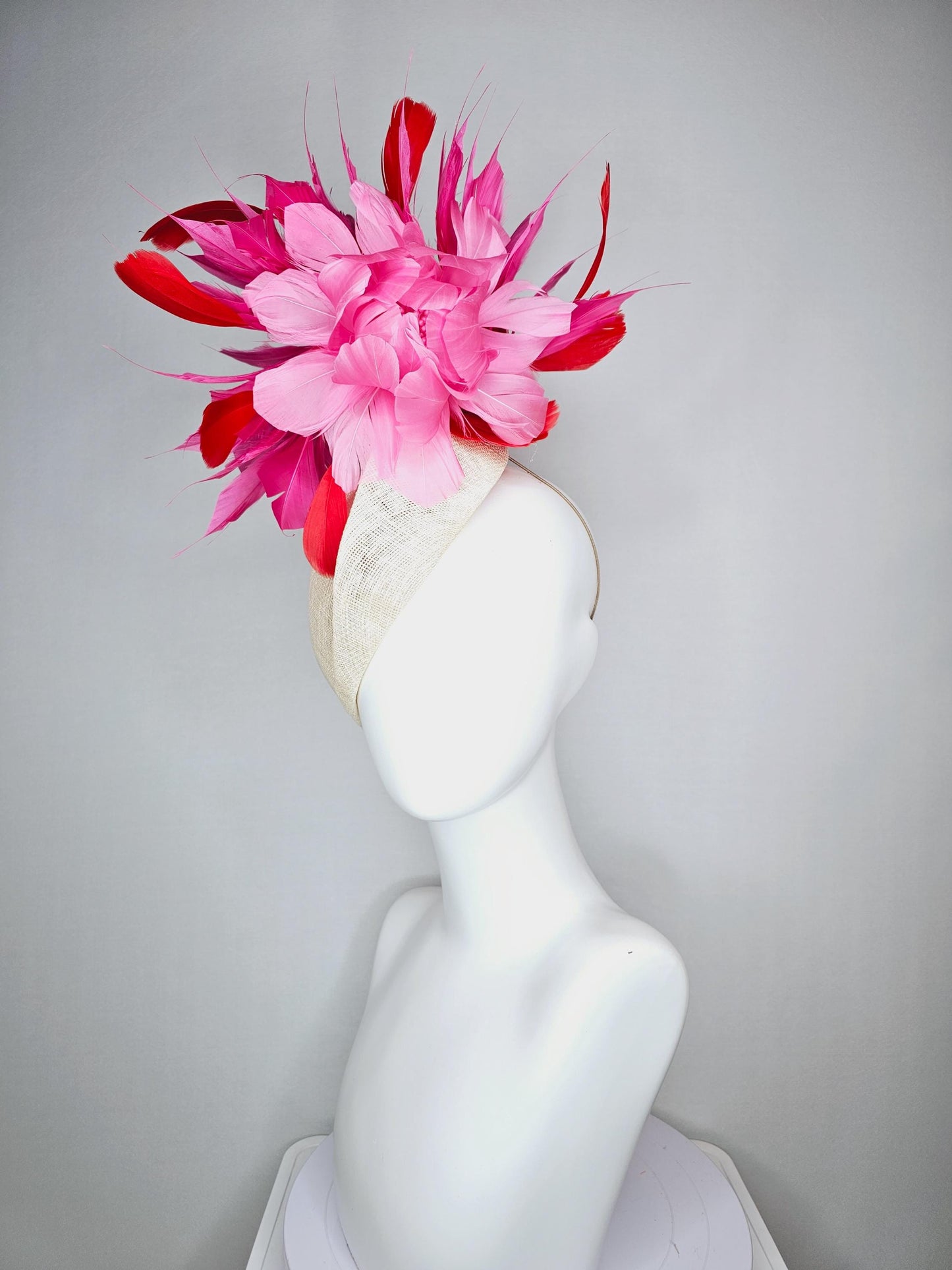 kentucky derby hat fascinator neutral beige  pointed teardrop perch sinamay with fluffy blush pink feather flower and pink red feathers