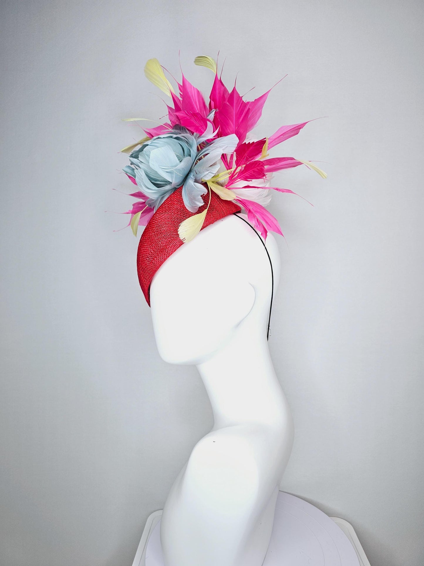 kentucky derby hat fascinator red pointed teardrop perch sinamay with fluffy silver blue feather flower and pink yellow feathers