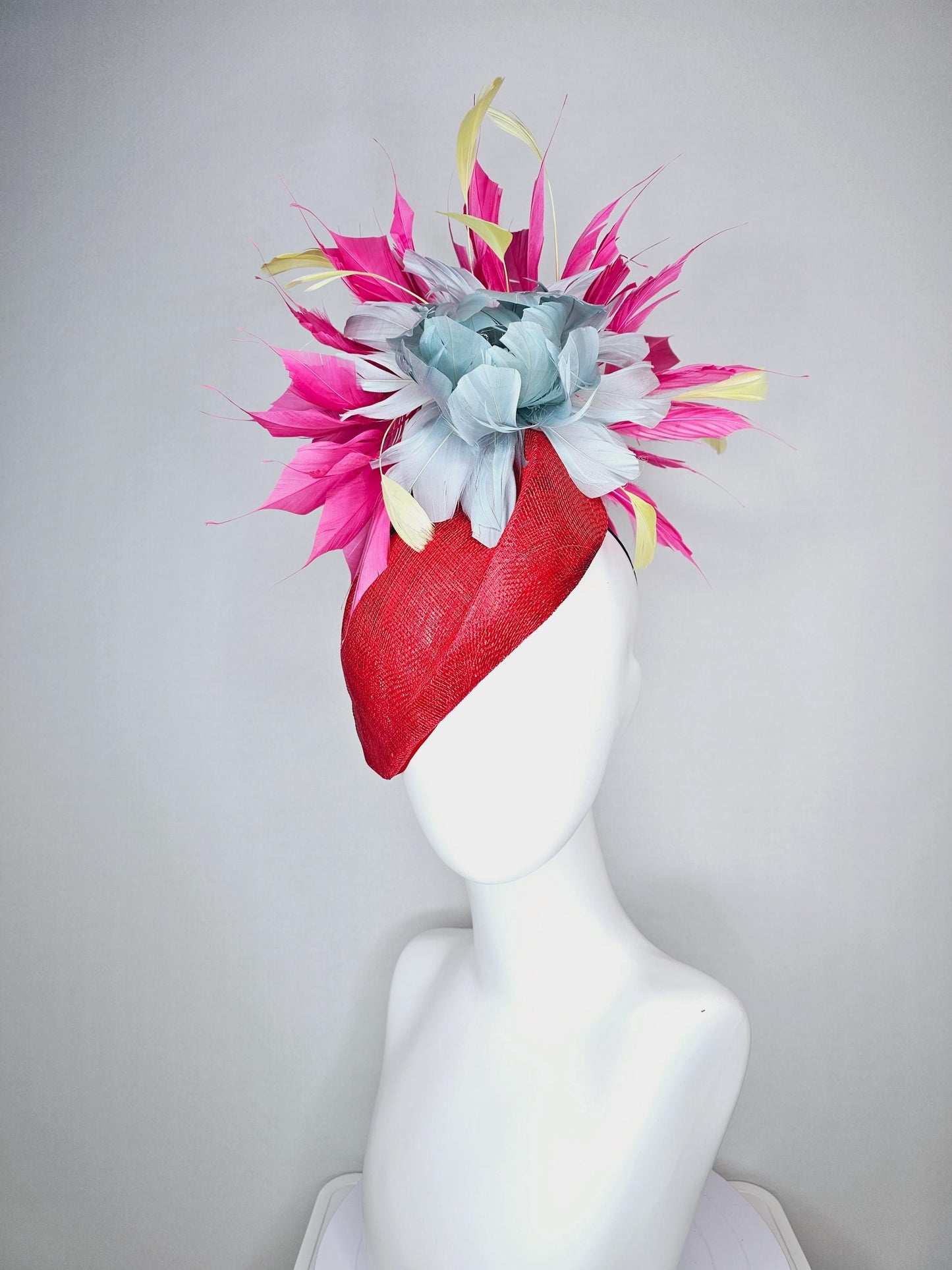 kentucky derby hat fascinator red pointed teardrop perch sinamay with fluffy silver blue feather flower and pink yellow feathers
