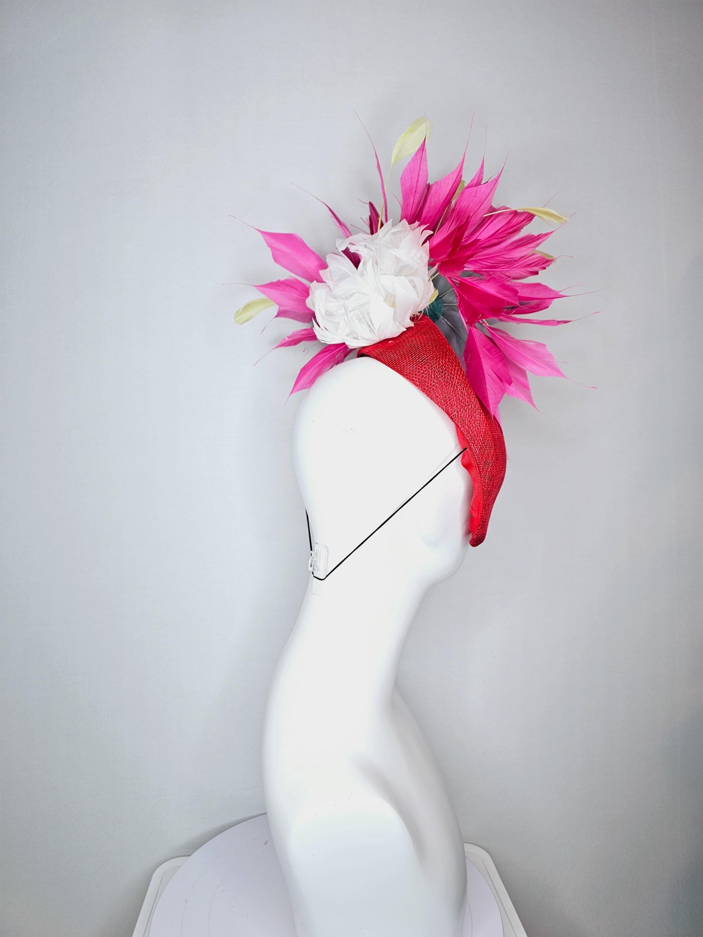 kentucky derby hat fascinator red pointed teardrop perch sinamay with fluffy silver blue feather flower and pink yellow feathers