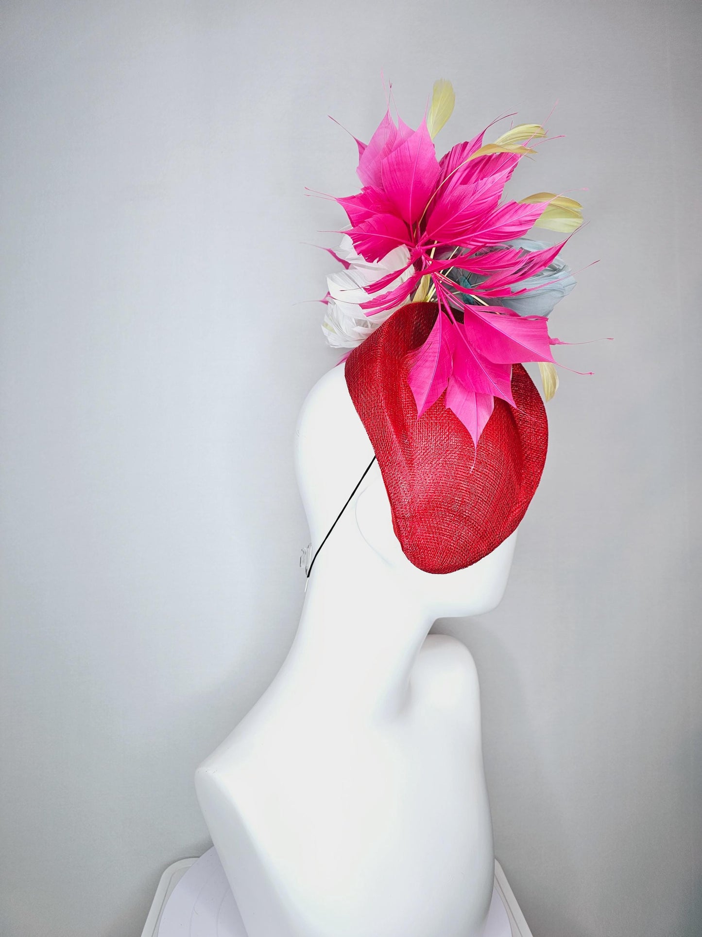 kentucky derby hat fascinator red pointed teardrop perch sinamay with fluffy silver blue feather flower and pink yellow feathers