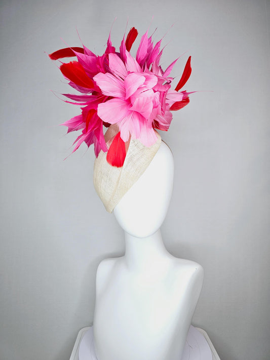kentucky derby hat fascinator neutral beige  pointed teardrop perch sinamay with fluffy blush pink feather flower and pink red feathers