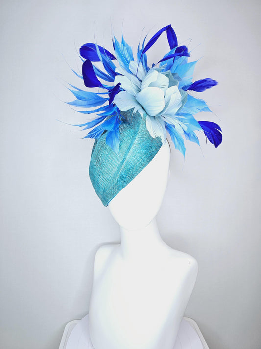 kentucky derby hat fascinator turquoise blue pointed teardrop perch sinamay with fluffy baby blue feather flower royal cobalt blue feathers