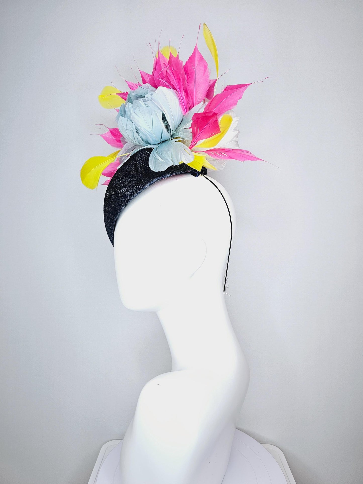 kentucky derby hat fascinator navy blue pointed teardrop perch sinamay with fluffy silver blue feather flower pink yellow feathers