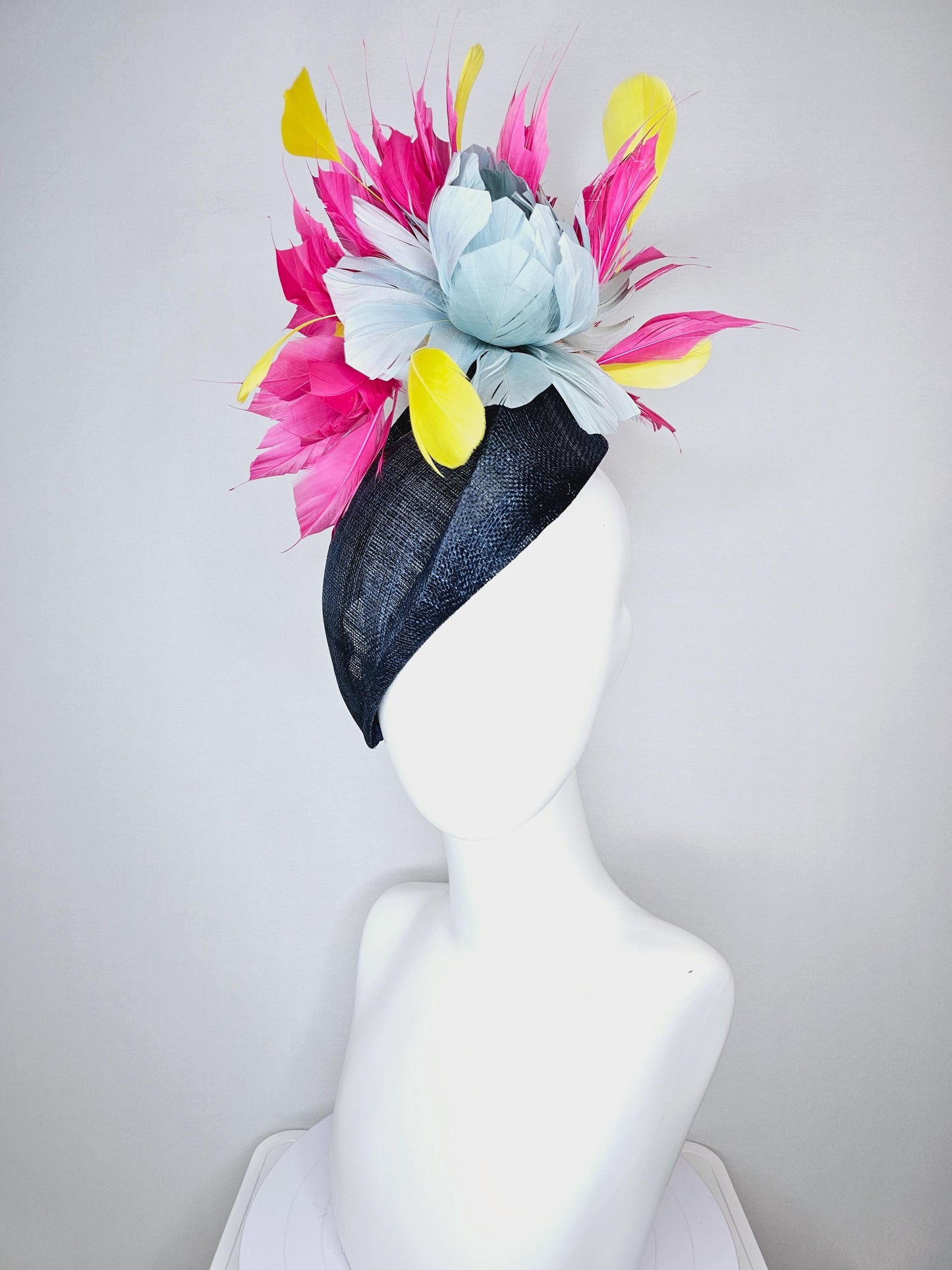 kentucky derby hat fascinator navy blue pointed teardrop perch sinamay with fluffy silver blue feather flower pink yellow feathers