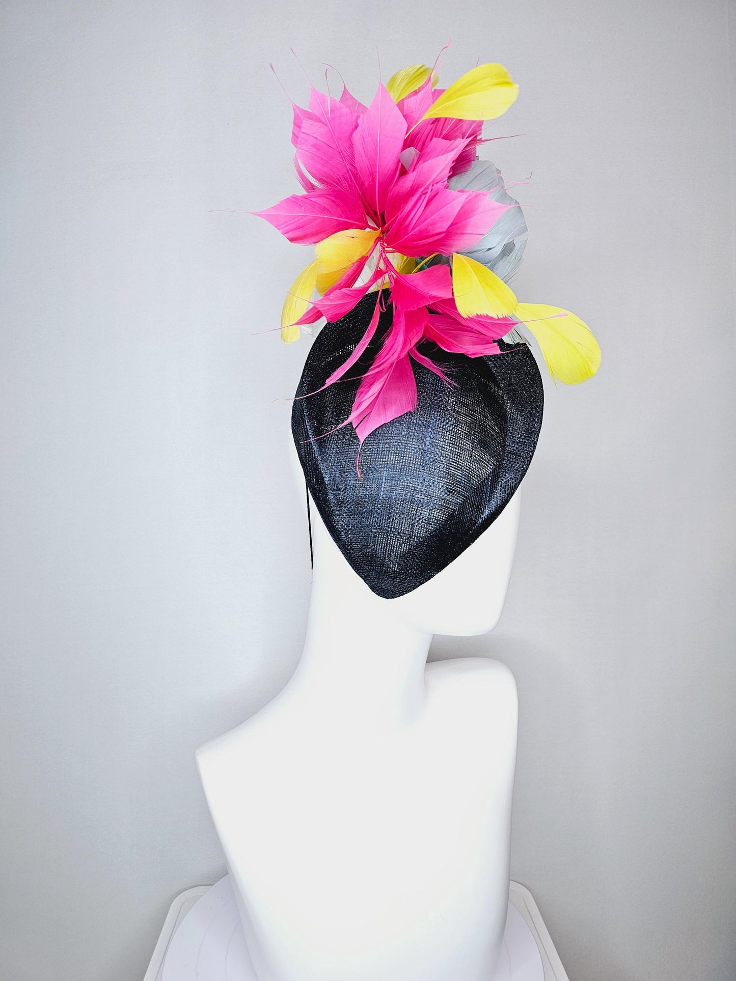 kentucky derby hat fascinator navy blue pointed teardrop perch sinamay with fluffy silver blue feather flower pink yellow feathers