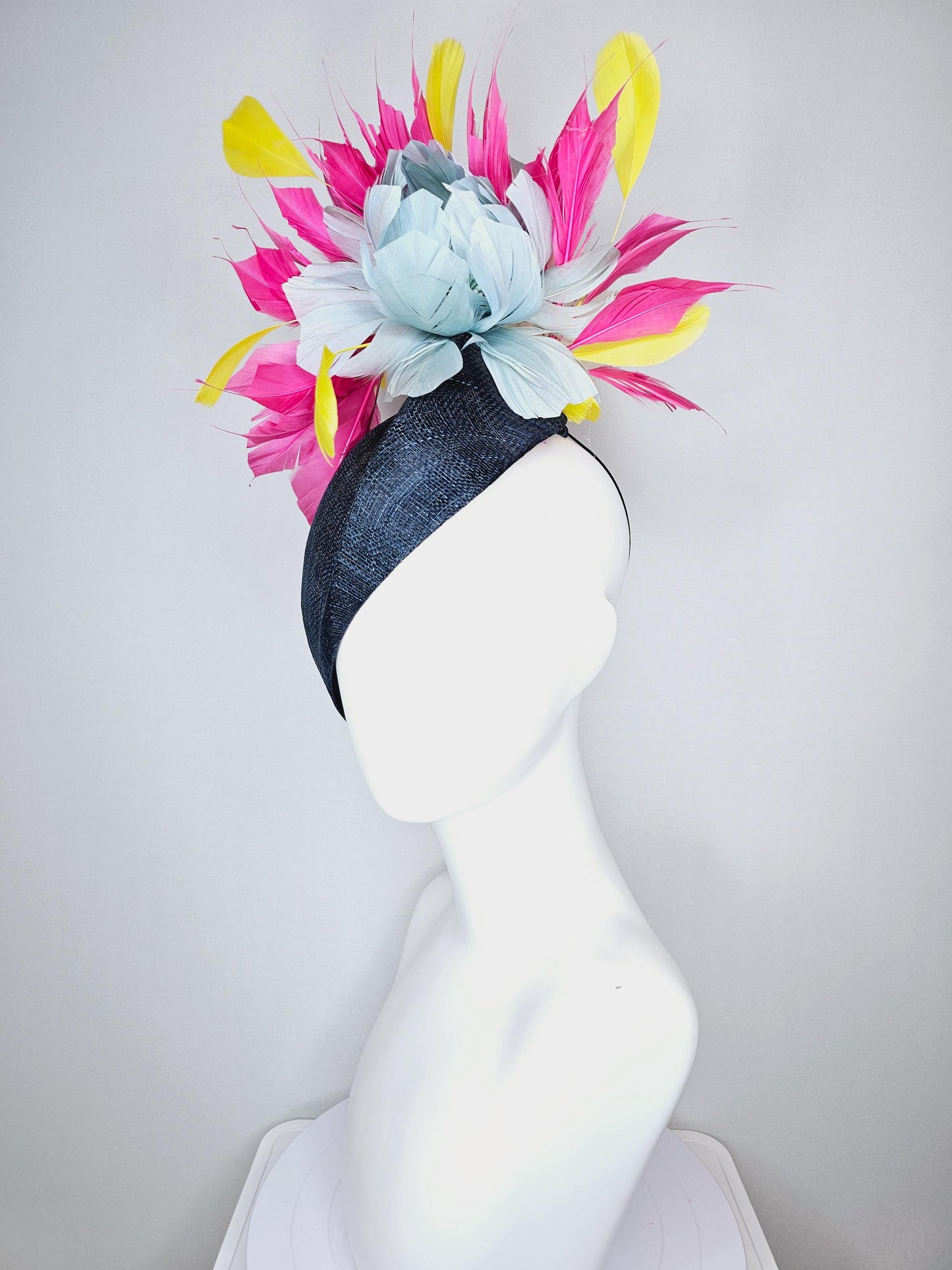 kentucky derby hat fascinator navy blue pointed teardrop perch sinamay with fluffy silver blue feather flower pink yellow feathers