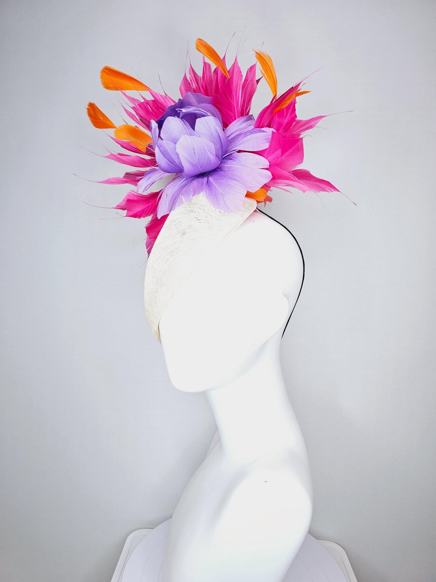 kentucky derby hat fascinator ivory white pointed teardrop perch sinamay with fluffy lavender purple feather flower and pink orange feathers