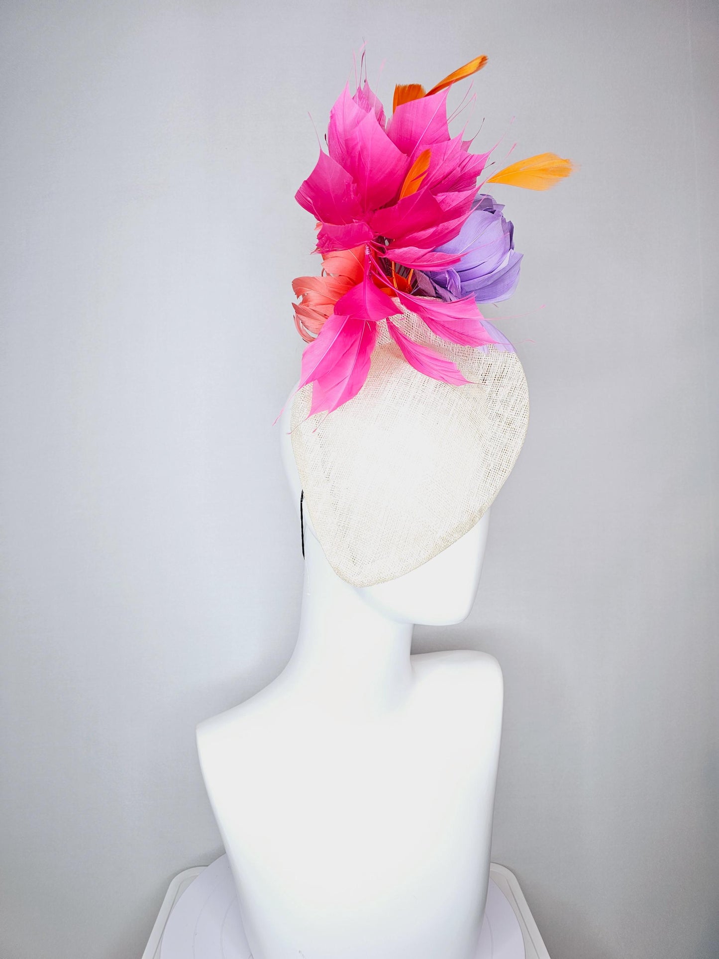 kentucky derby hat fascinator ivory white pointed teardrop perch sinamay with fluffy lavender purple feather flower and pink orange feathers