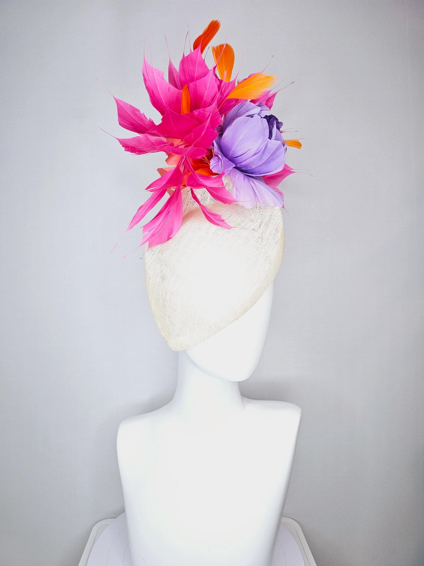 kentucky derby hat fascinator ivory white pointed teardrop perch sinamay with fluffy lavender purple feather flower and pink orange feathers