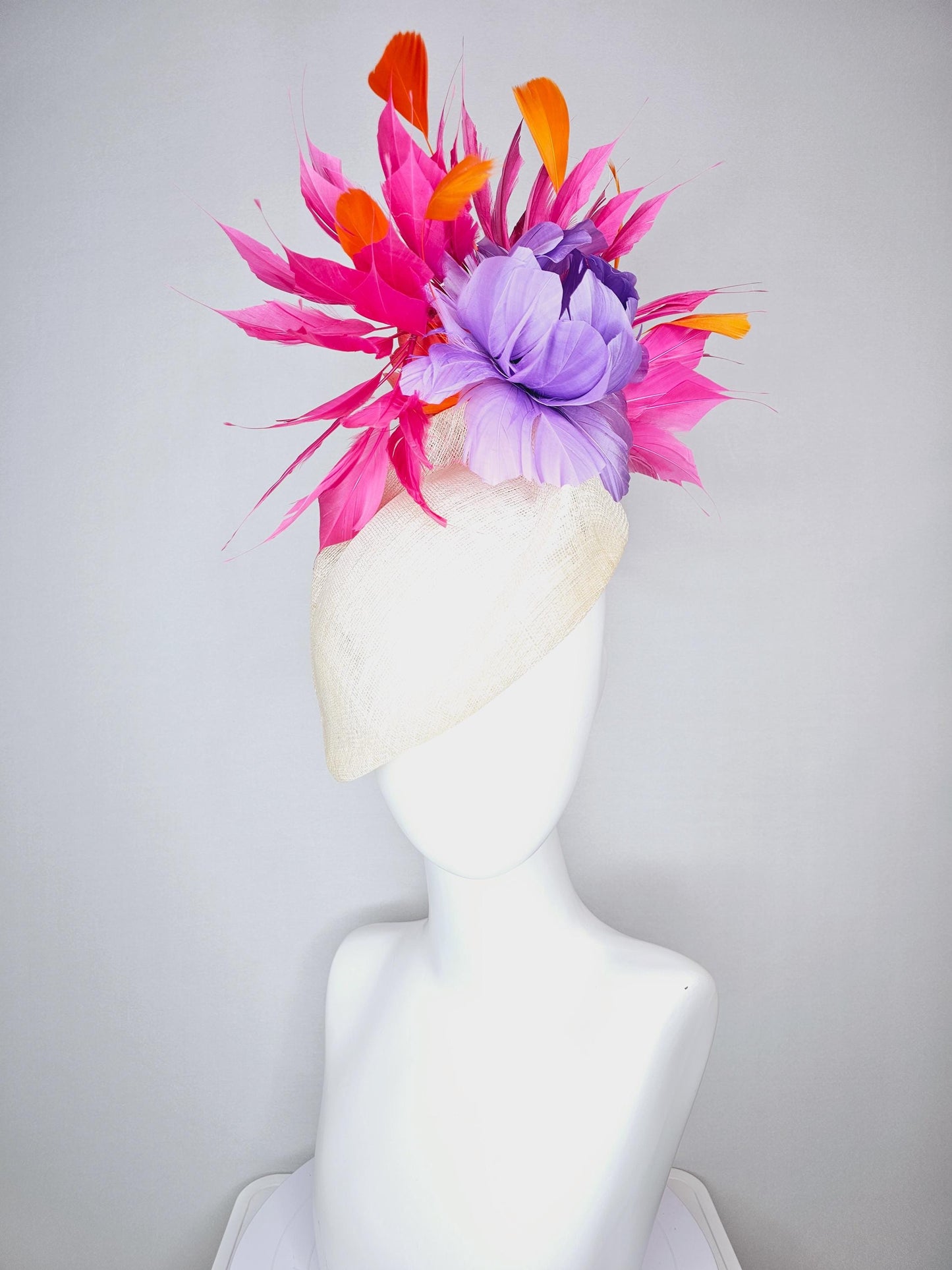 kentucky derby hat fascinator ivory white pointed teardrop perch sinamay with fluffy lavender purple feather flower and pink orange feathers