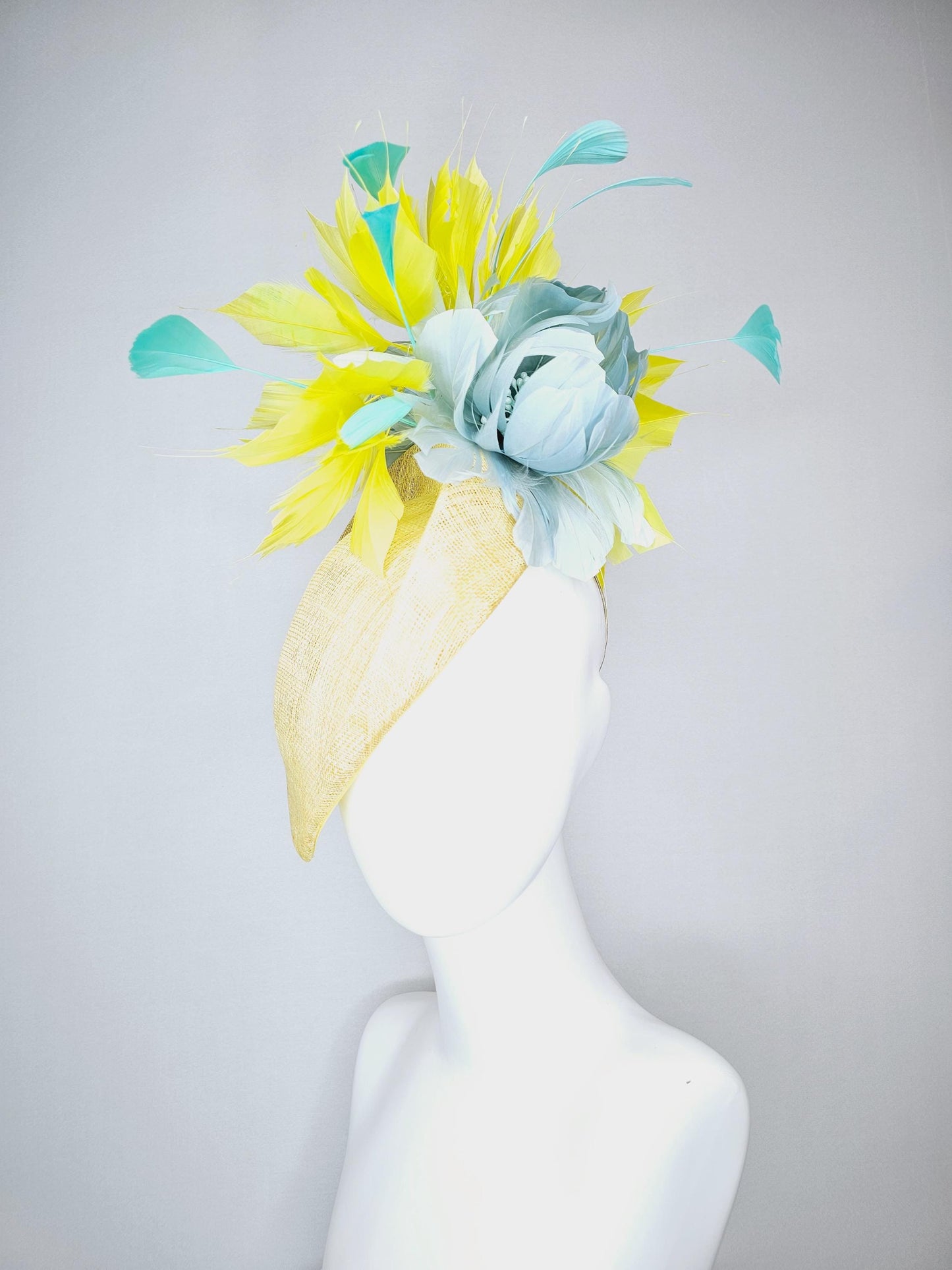 kentucky derby hat fascinator yellow pointed teardrop perch sinamay with fluffy silver gray feather flower yellow turquoise blue feathers