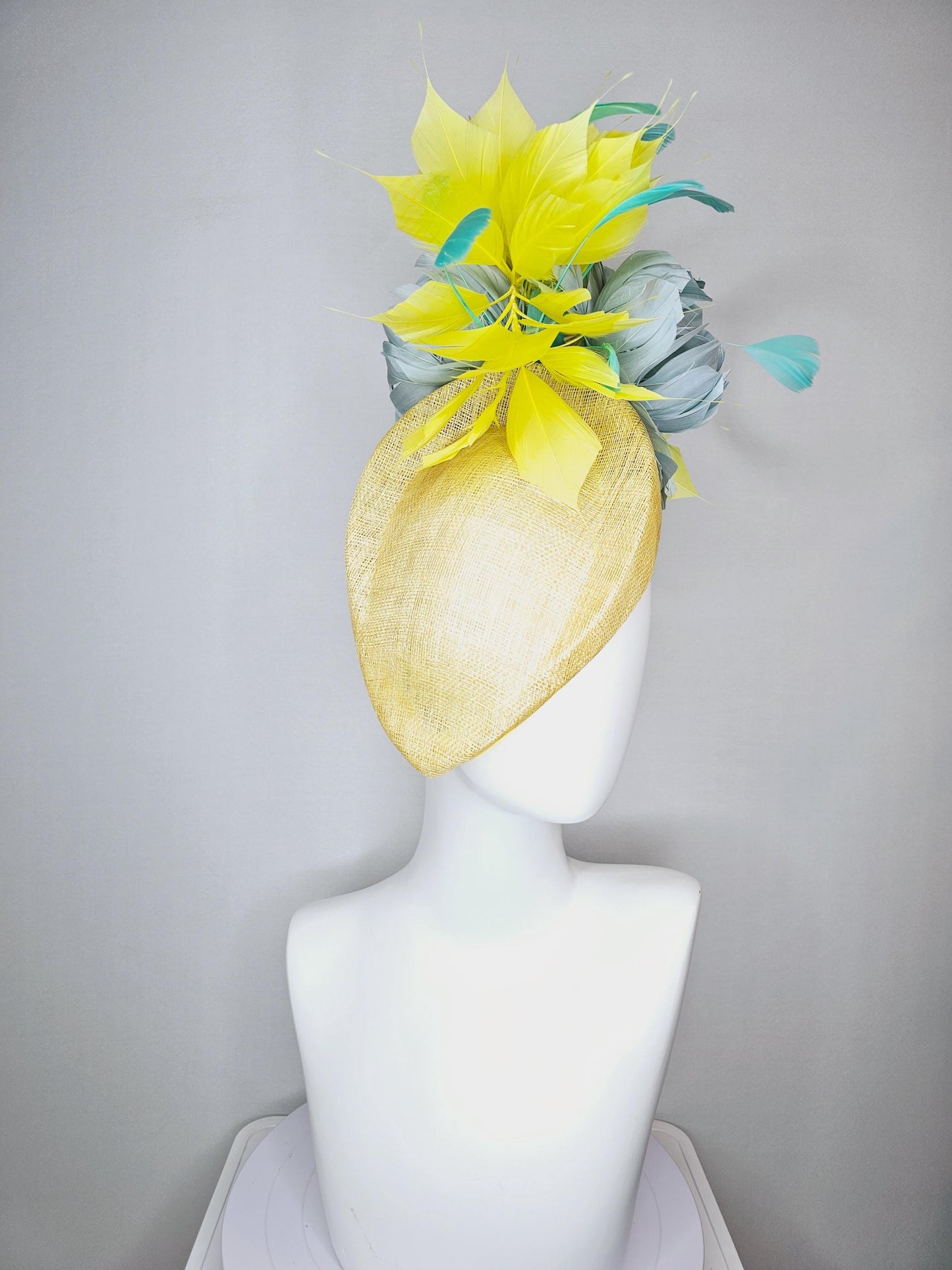 kentucky derby hat fascinator yellow pointed teardrop perch sinamay with fluffy silver gray feather flower yellow turquoise blue feathers