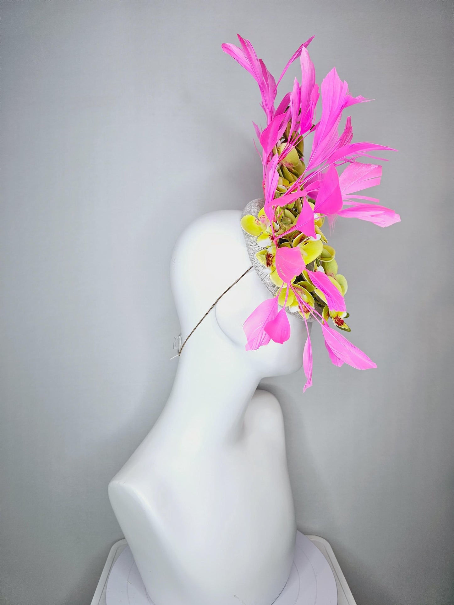 kentucky derby hat fascinator neutral white sinamay with yellow and dark red satin orchid flowers with bubble gum pink branching feathers