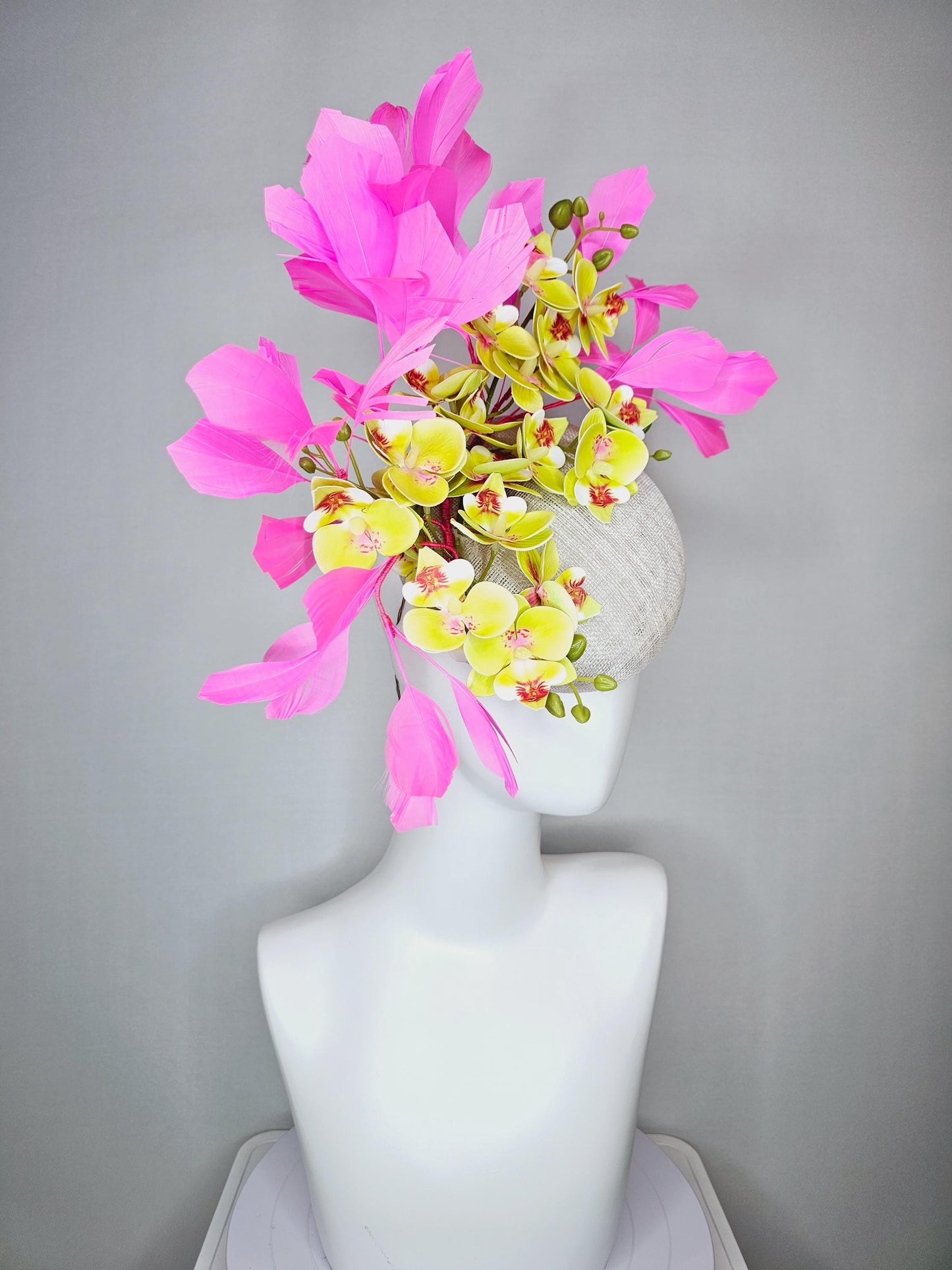 kentucky derby hat fascinator neutral white sinamay with yellow and dark red satin orchid flowers with bubble gum pink branching feathers