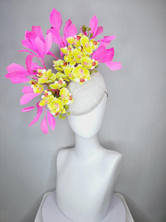 kentucky derby hat fascinator neutral white sinamay with yellow and dark red satin orchid flowers with bubble gum pink branching feathers