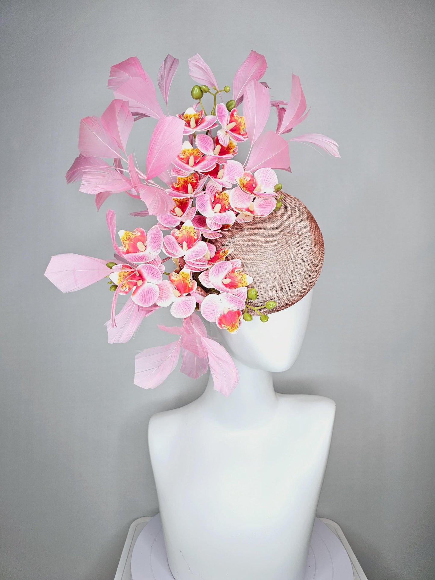 kentucky derby hat fascinator dusty rose pink sinamay pink cherry red yellow satin orchid flowers with light pink branching feathers