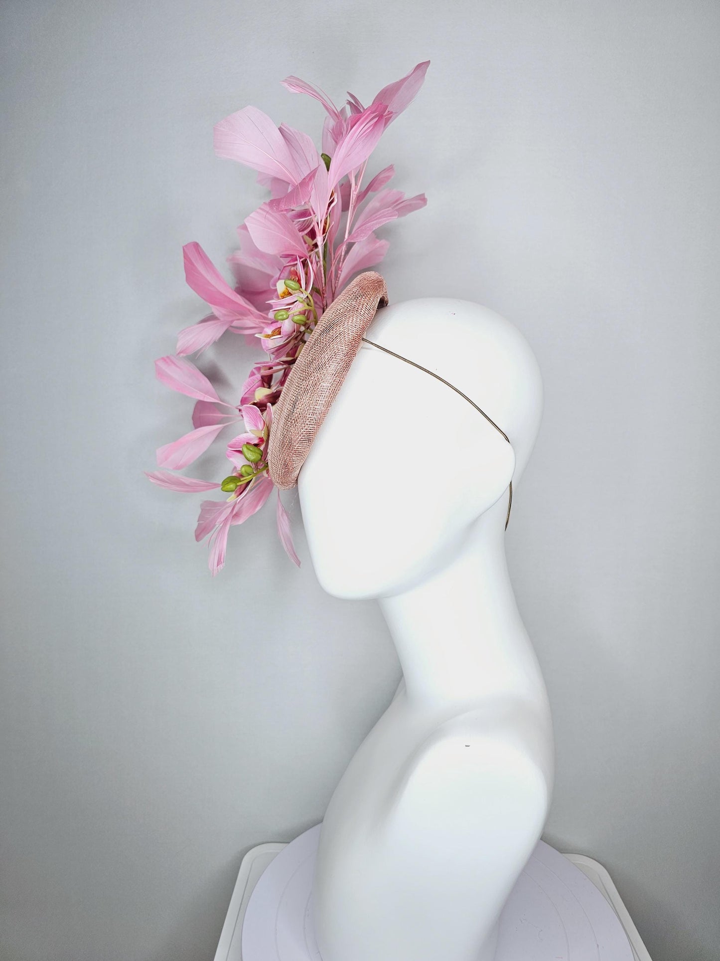 kentucky derby hat fascinator dusty rose pink sinamay pink cherry red yellow satin orchid flowers with light pink branching feathers
