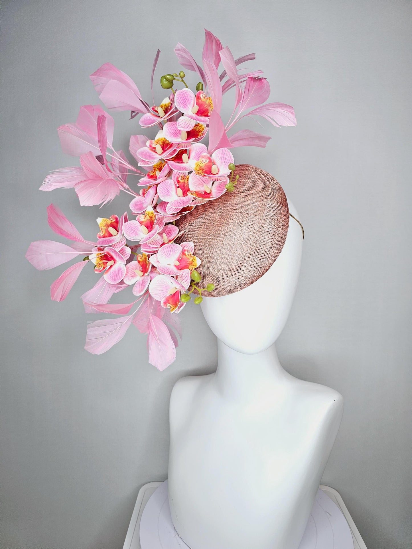 kentucky derby hat fascinator dusty rose pink sinamay pink cherry red yellow satin orchid flowers with light pink branching feathers