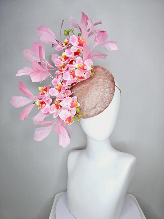 kentucky derby hat fascinator dusty rose pink sinamay pink cherry red yellow satin orchid flowers with light pink branching feathers