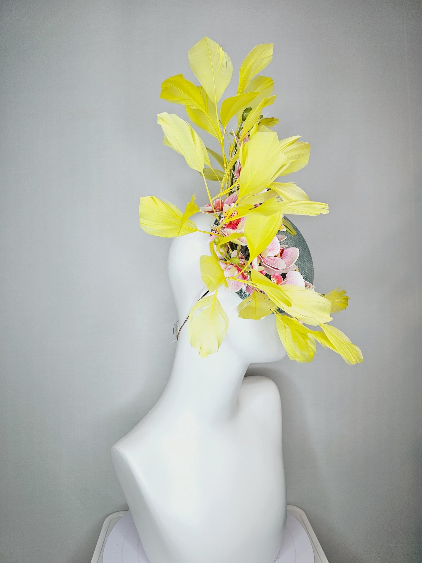 kentucky derby hat fascinator light blue sinamay with white blush pink satin orchid flowers with yellow branching feathers