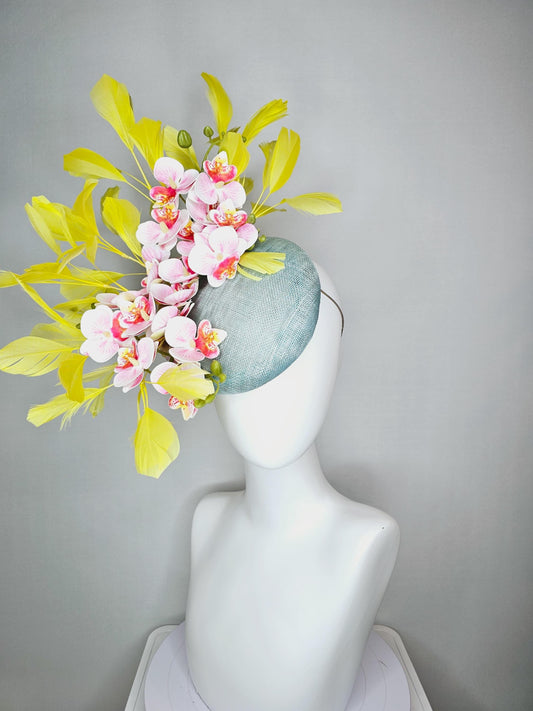kentucky derby hat fascinator light blue sinamay with white blush pink satin orchid flowers with yellow branching feathers