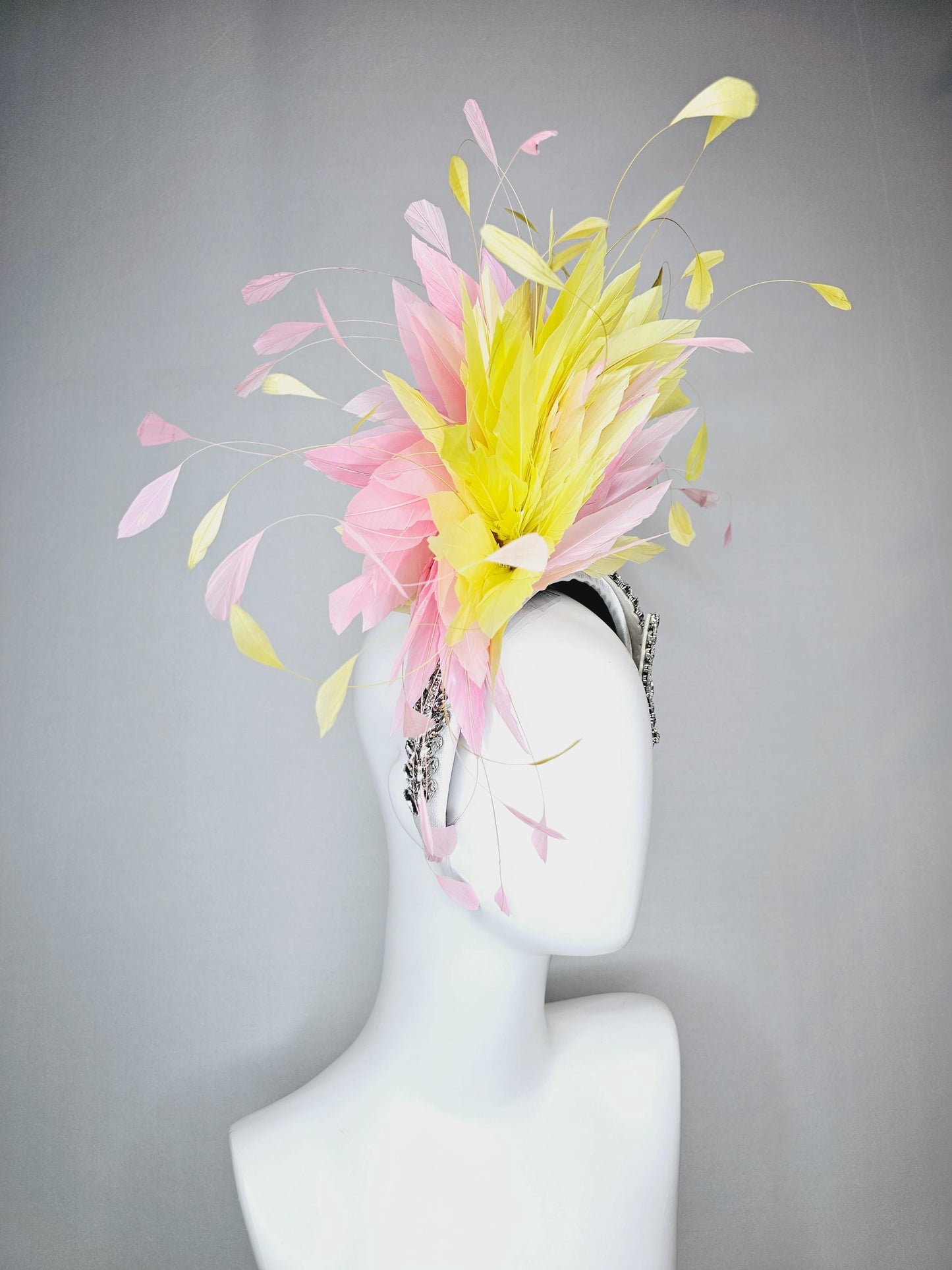 kentucky derby hat fascinator white headband with large clear crystal rhinestone beaded stems and light pink yellow branching feathers