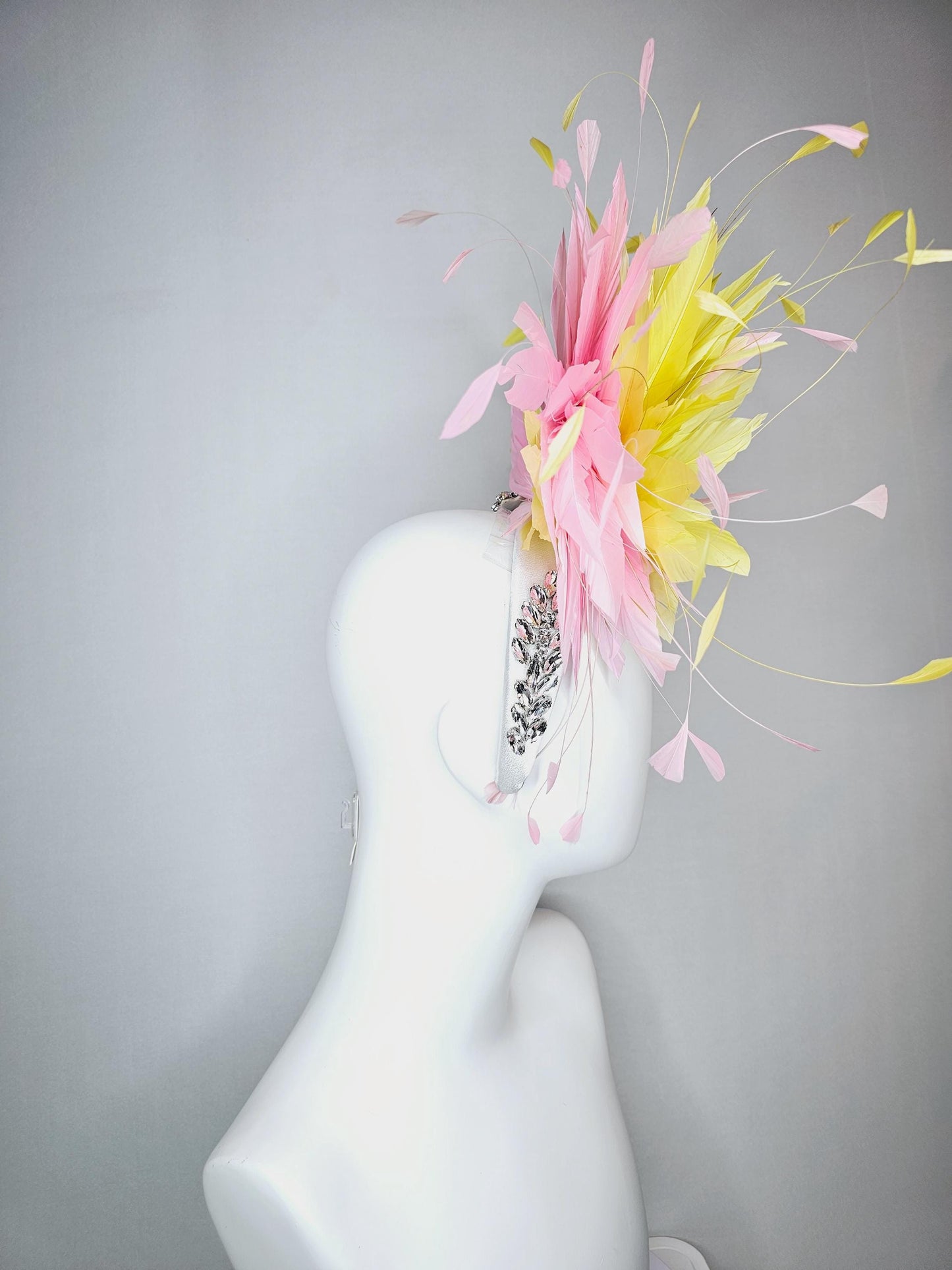 kentucky derby hat fascinator white headband with large clear crystal rhinestone beaded stems and light pink yellow branching feathers