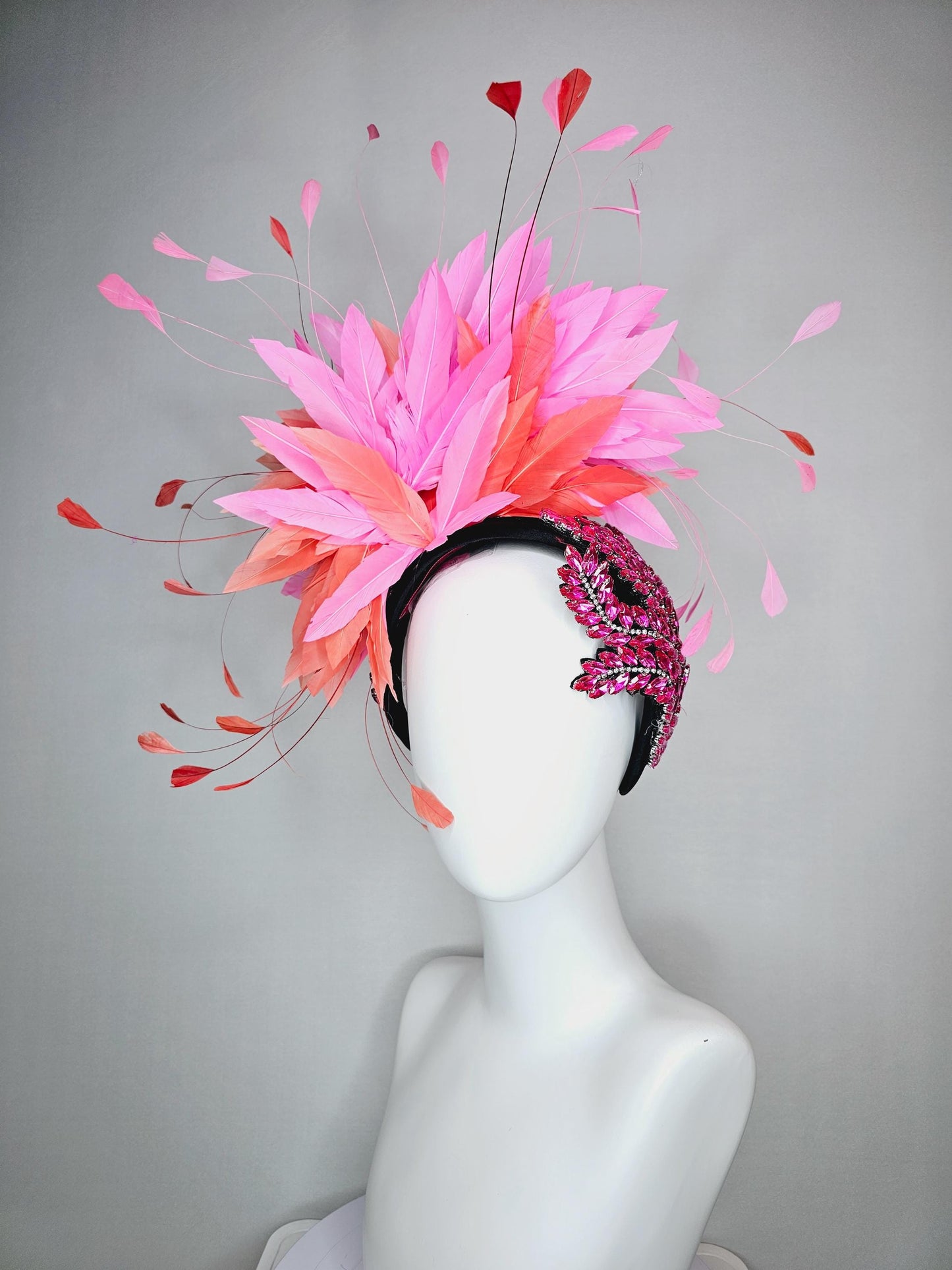 kentucky derby hat fascinator black headband with large pink crystal rhinestone beaded stems and blush pink coral orange branching feathers