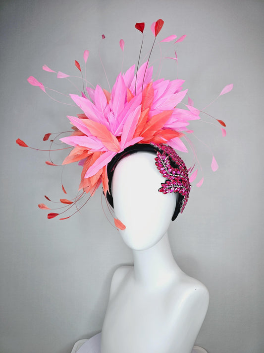 kentucky derby hat fascinator black headband with large pink crystal rhinestone beaded stems and blush pink coral orange branching feathers