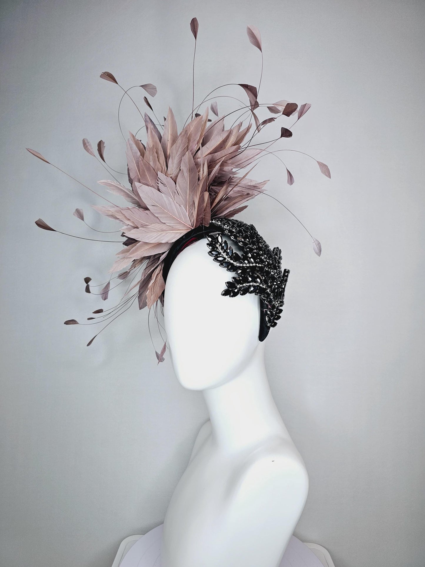 kentucky derby hat fascinator black headband with large black crystal rhinestone beaded stems and taupe gray branching feathers