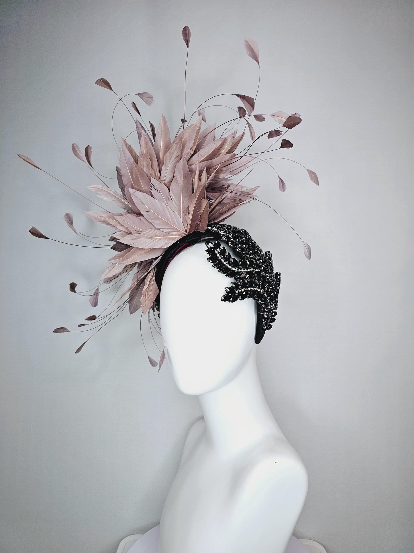 kentucky derby hat fascinator black headband with large black crystal rhinestone beaded stems and taupe gray branching feathers
