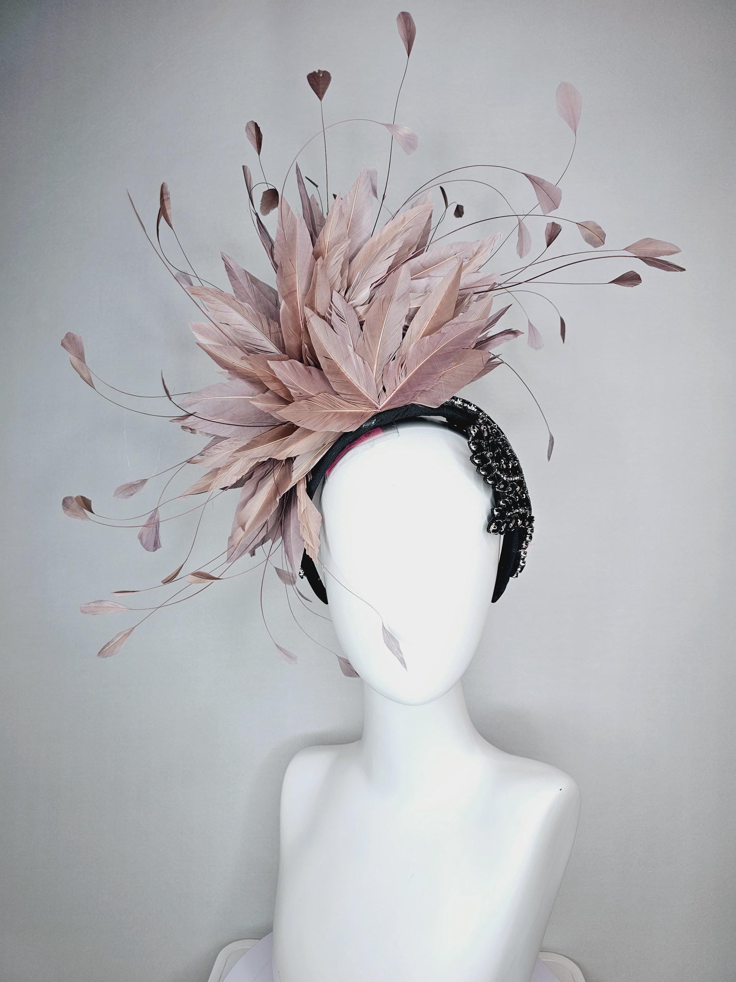 kentucky derby hat fascinator black headband with large black crystal rhinestone beaded stems and taupe gray branching feathers