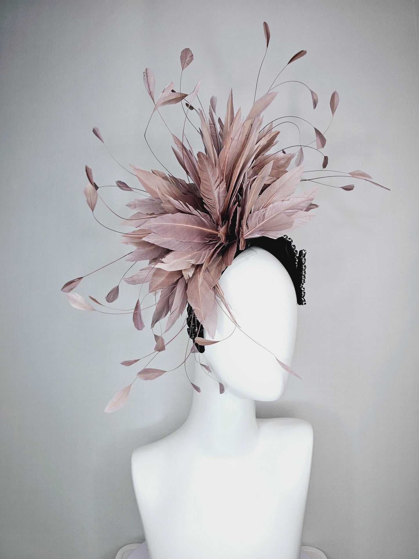 kentucky derby hat fascinator black headband with large black crystal rhinestone beaded stems and taupe gray branching feathers