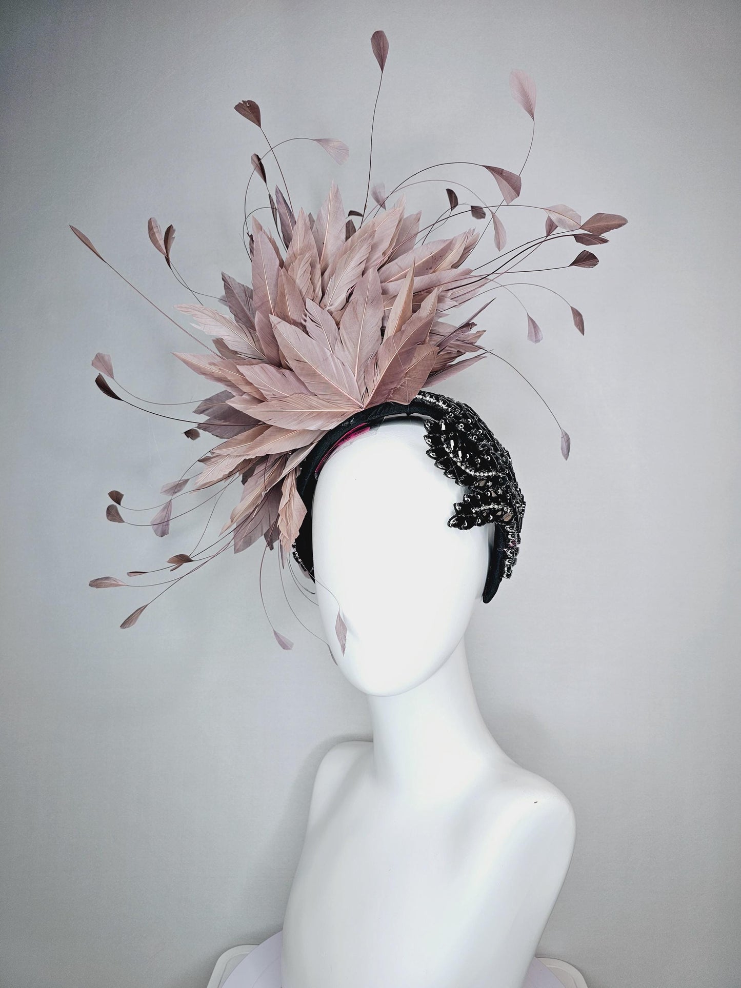kentucky derby hat fascinator black headband with large black crystal rhinestone beaded stems and taupe gray branching feathers