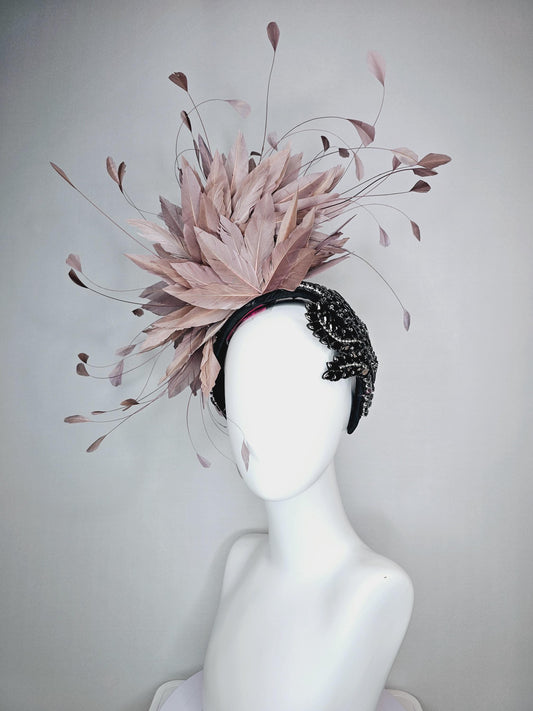 kentucky derby hat fascinator black headband with large black crystal rhinestone beaded stems and taupe gray branching feathers