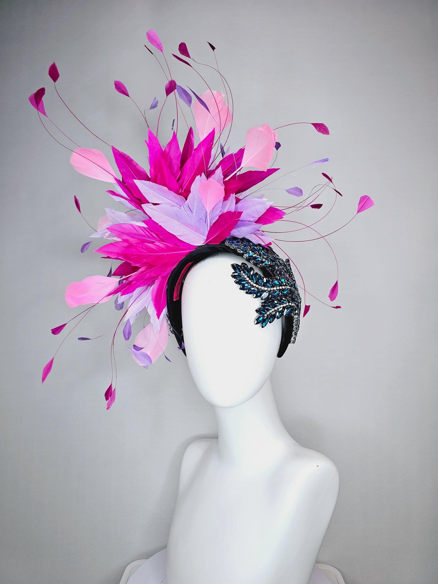 kentucky derby hat fascinator black headband with blue crystal beaded stems and light lavender purple hot pink baby pink branching feathers