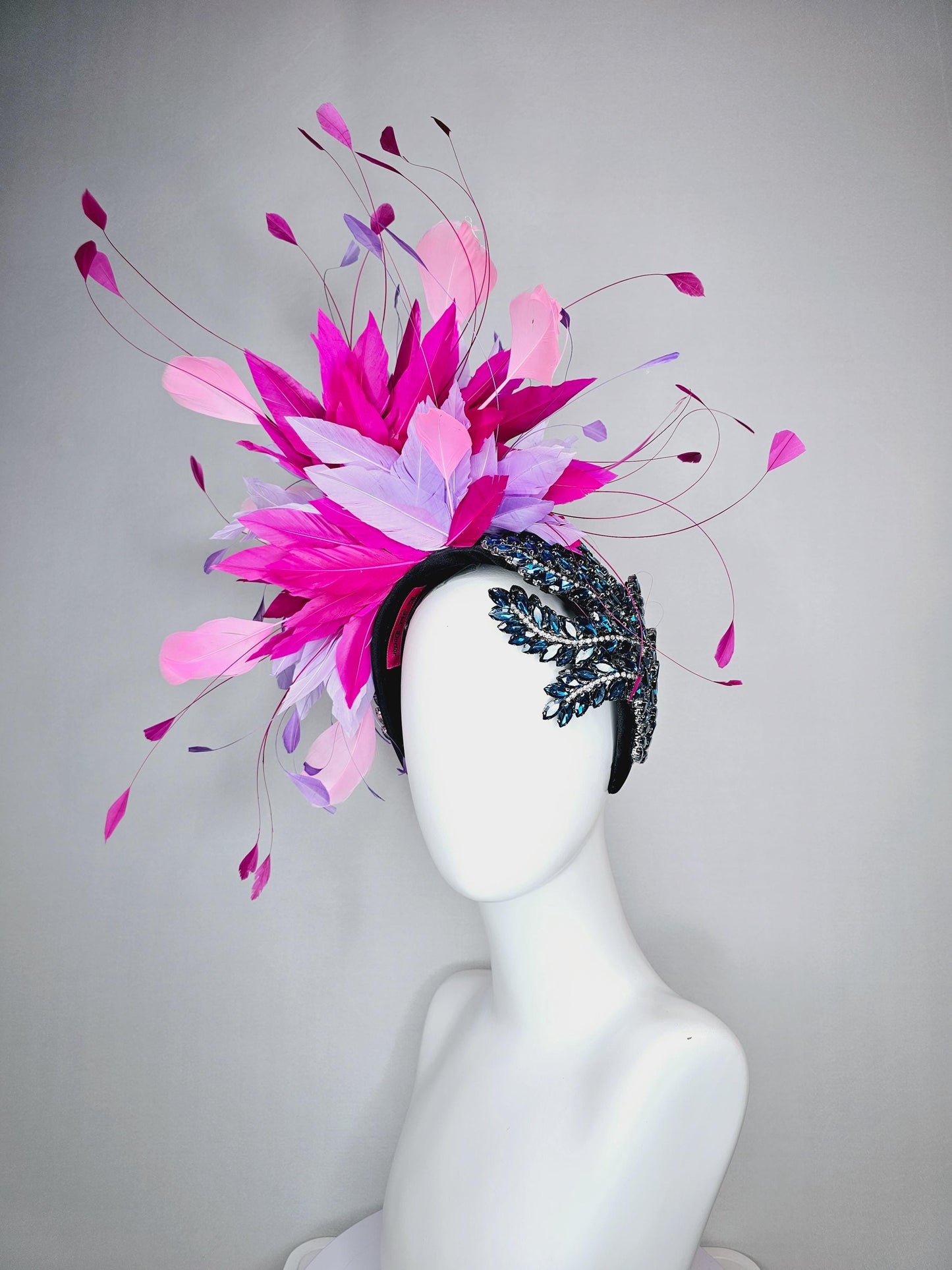 kentucky derby hat fascinator black headband with blue crystal beaded stems and light lavender purple hot pink baby pink branching feathers