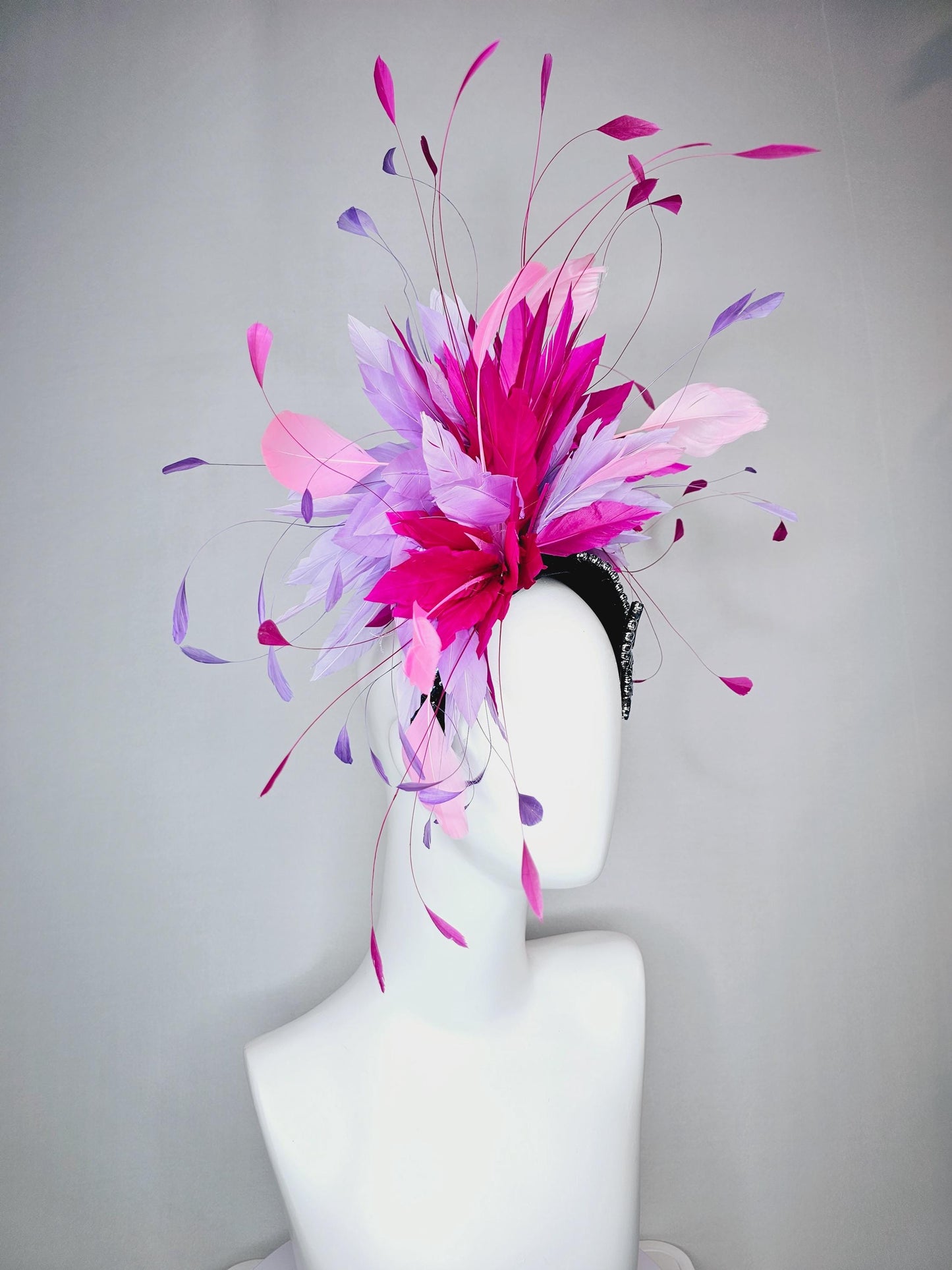kentucky derby hat fascinator black headband with blue crystal beaded stems and light lavender purple hot pink baby pink branching feathers