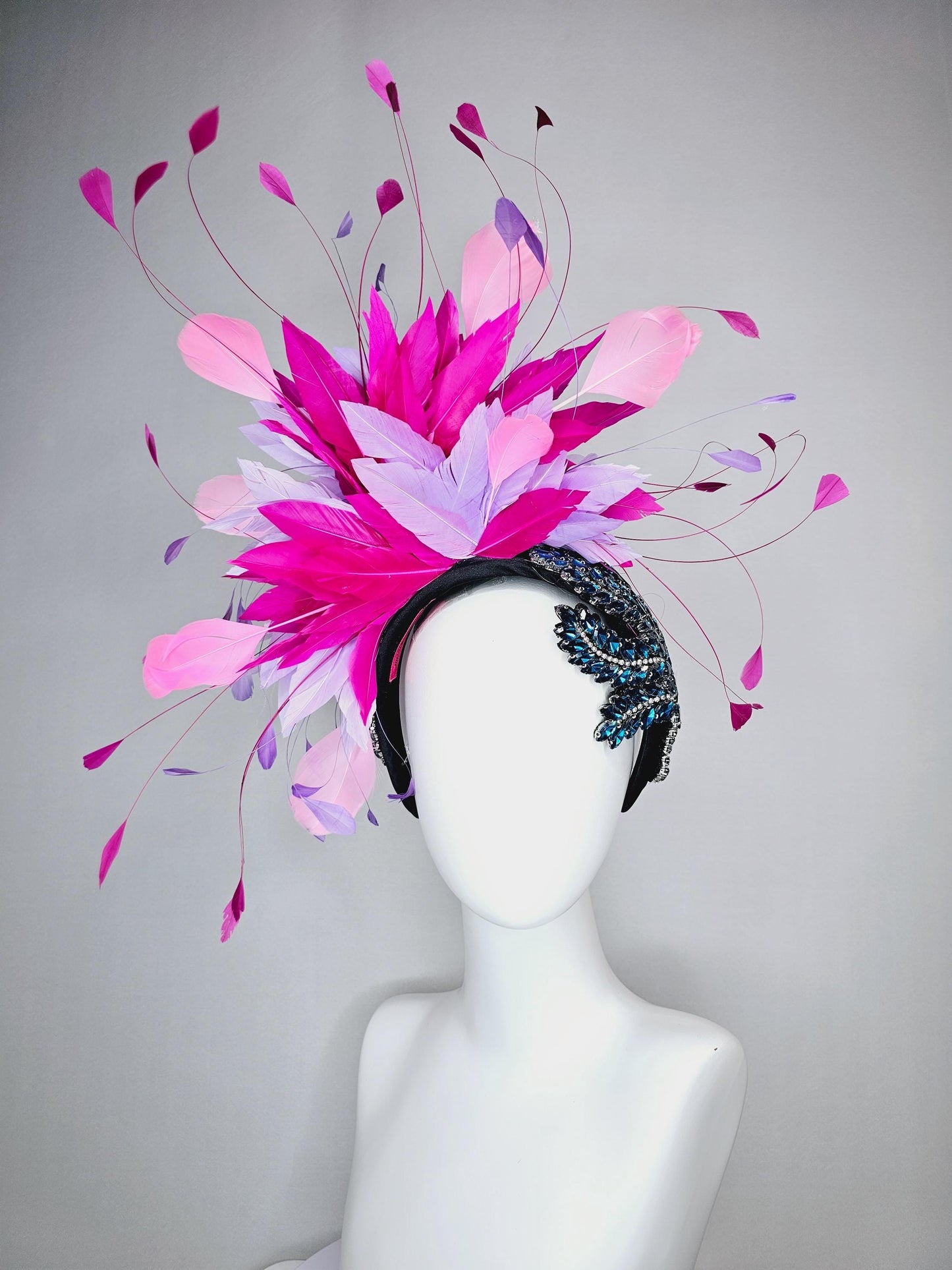 kentucky derby hat fascinator black headband with blue crystal beaded stems and light lavender purple hot pink baby pink branching feathers
