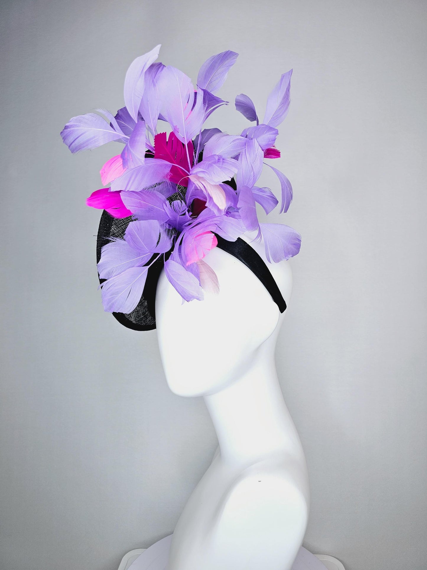 kentucky derby hat fascinator black sinamay saucer with raspberry pink baby pink organza satin flowers lavender purple pink feathers