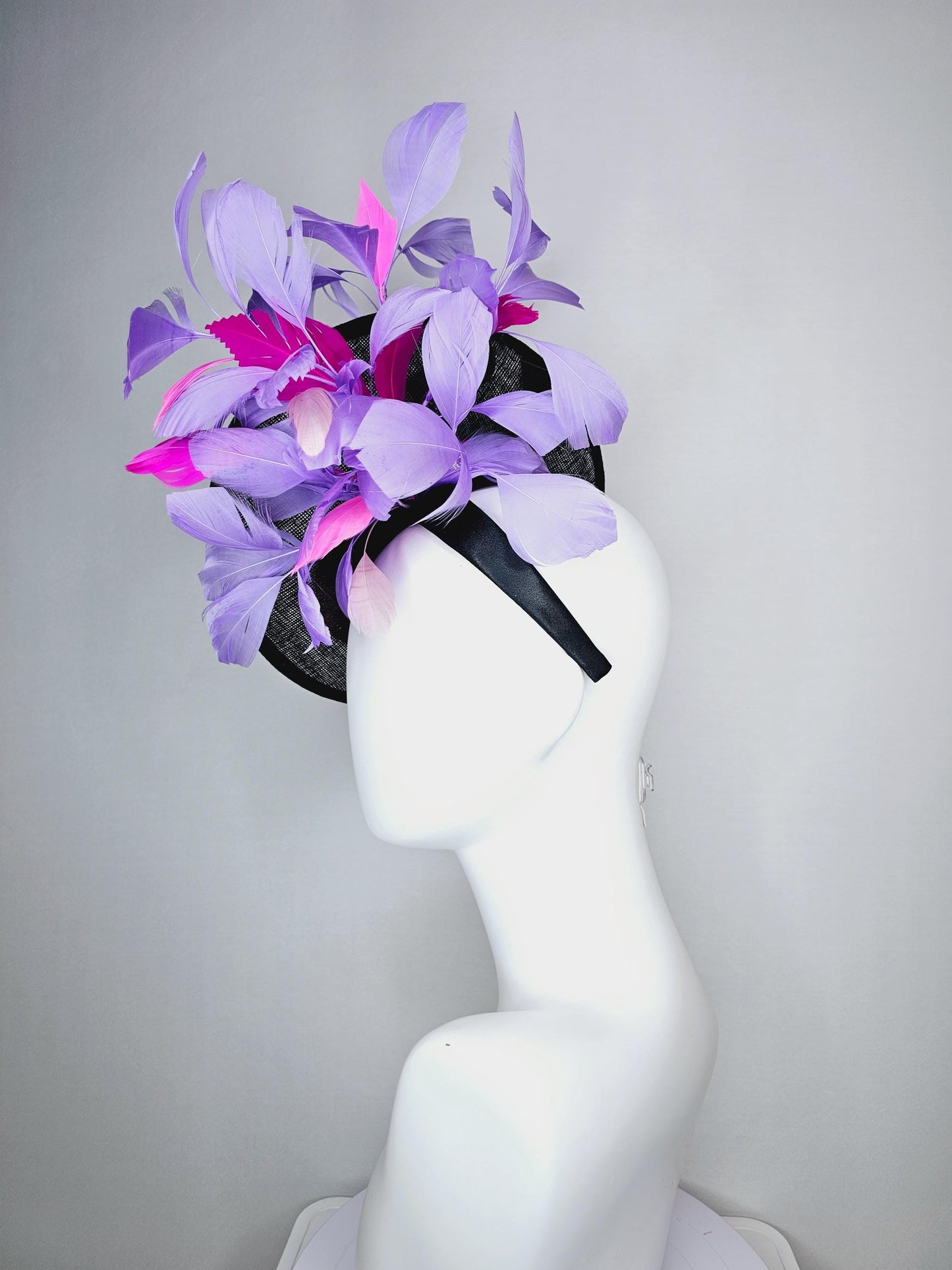 kentucky derby hat fascinator black sinamay saucer with raspberry pink baby pink organza satin flowers lavender purple pink feathers
