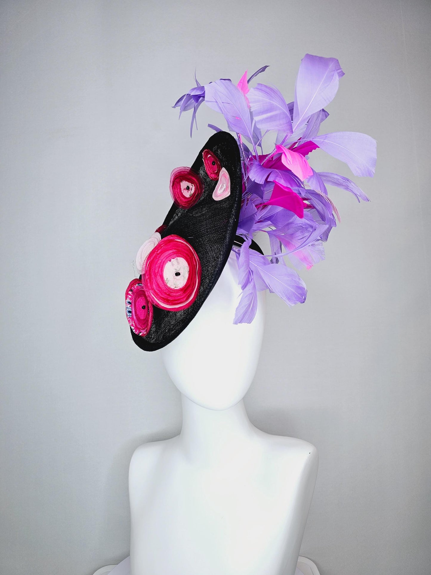 kentucky derby hat fascinator black sinamay saucer with raspberry pink baby pink organza satin flowers lavender purple pink feathers