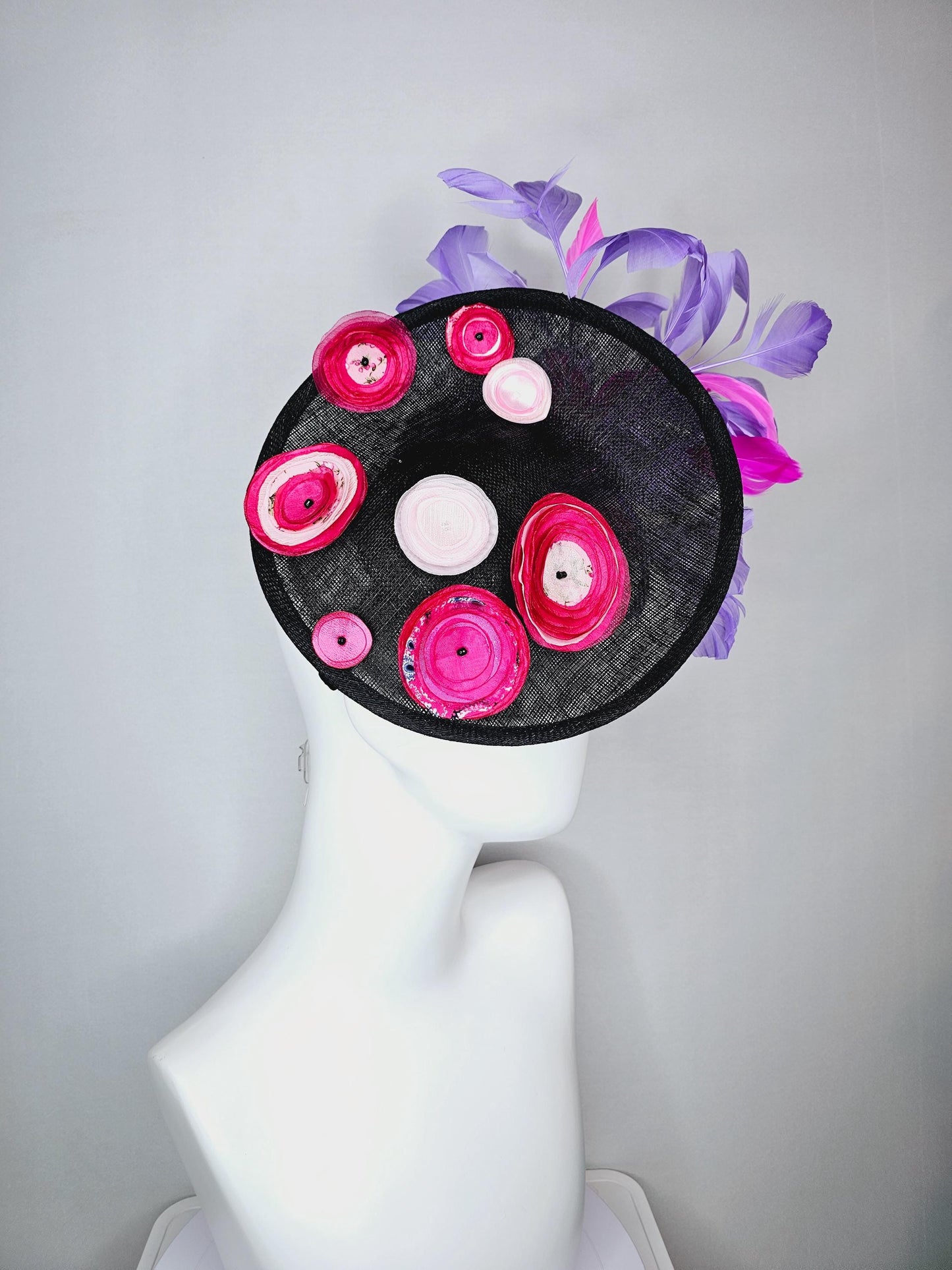 kentucky derby hat fascinator black sinamay saucer with raspberry pink baby pink organza satin flowers lavender purple pink feathers